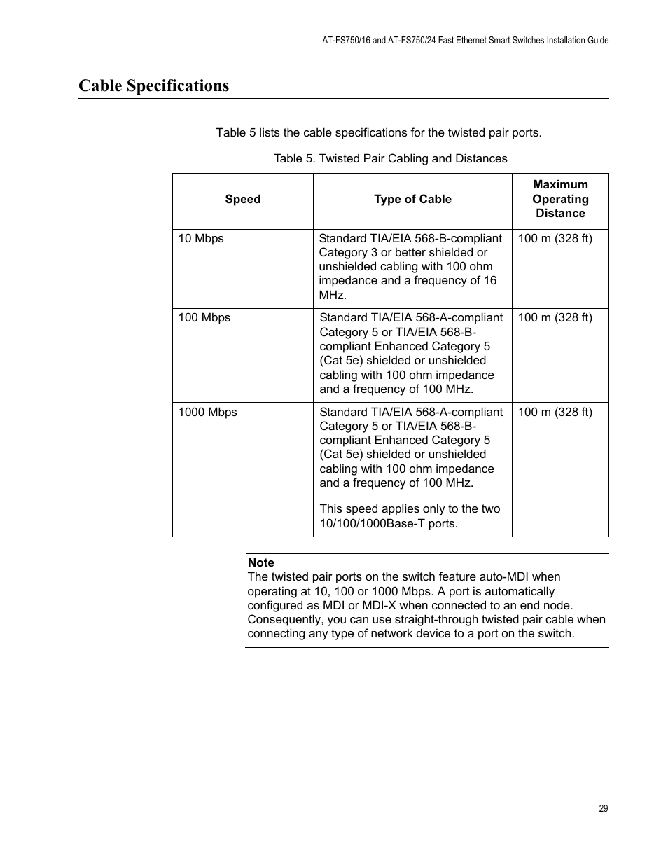 Cable specifications, Table 5. twisted pair cabling and distances | Allied Telesis AT-FS750/24 User Manual | Page 29 / 44