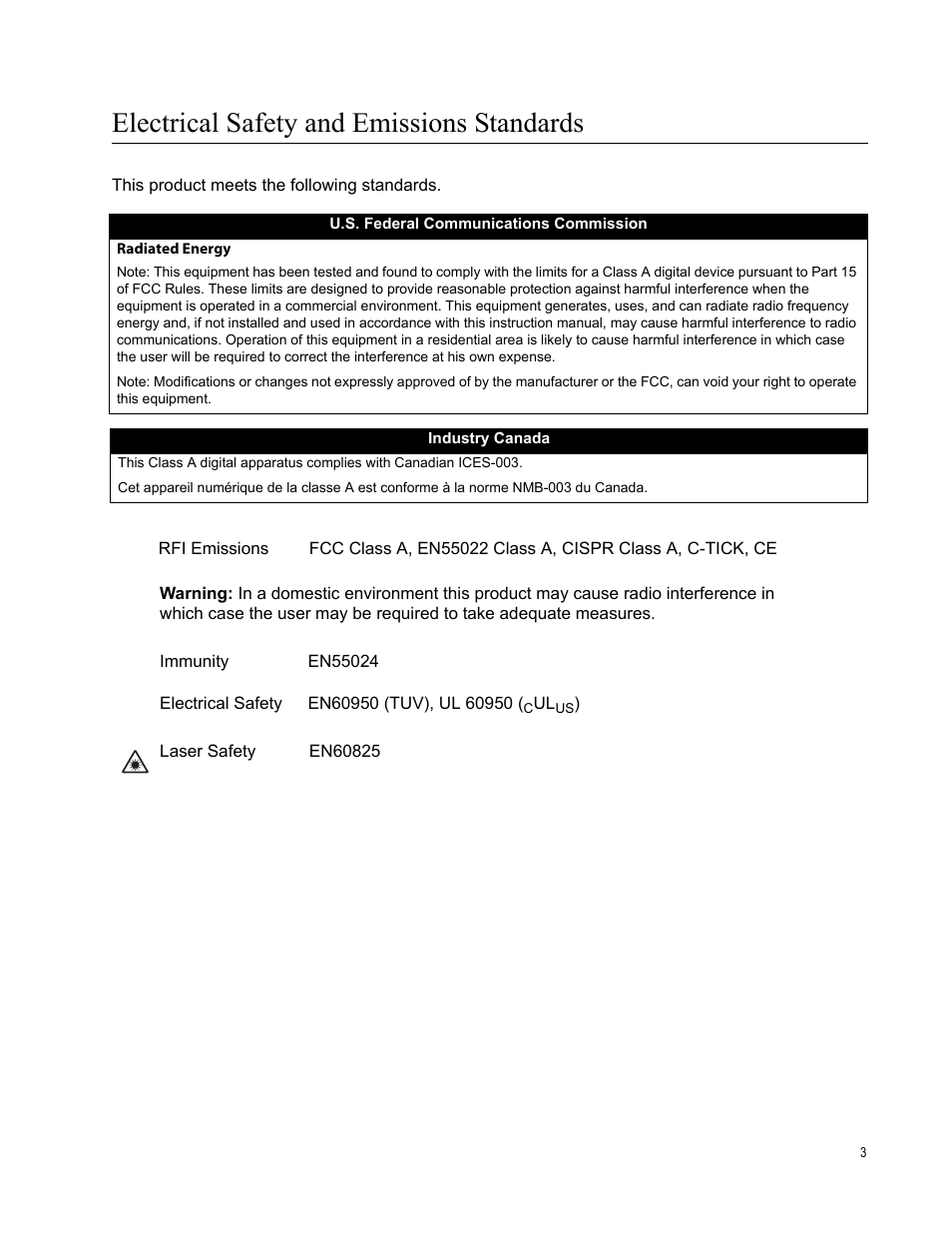 Electrical safety and emissions standards | Allied Telesis AT-FS750/24 User Manual | Page 3 / 44