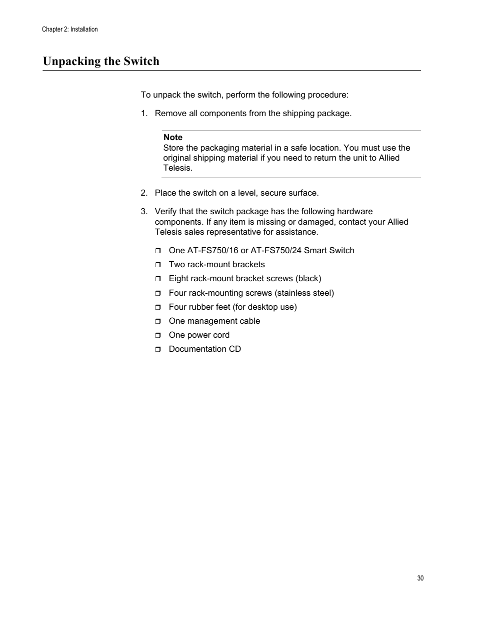 Unpacking the switch | Allied Telesis AT-FS750/24 User Manual | Page 30 / 44