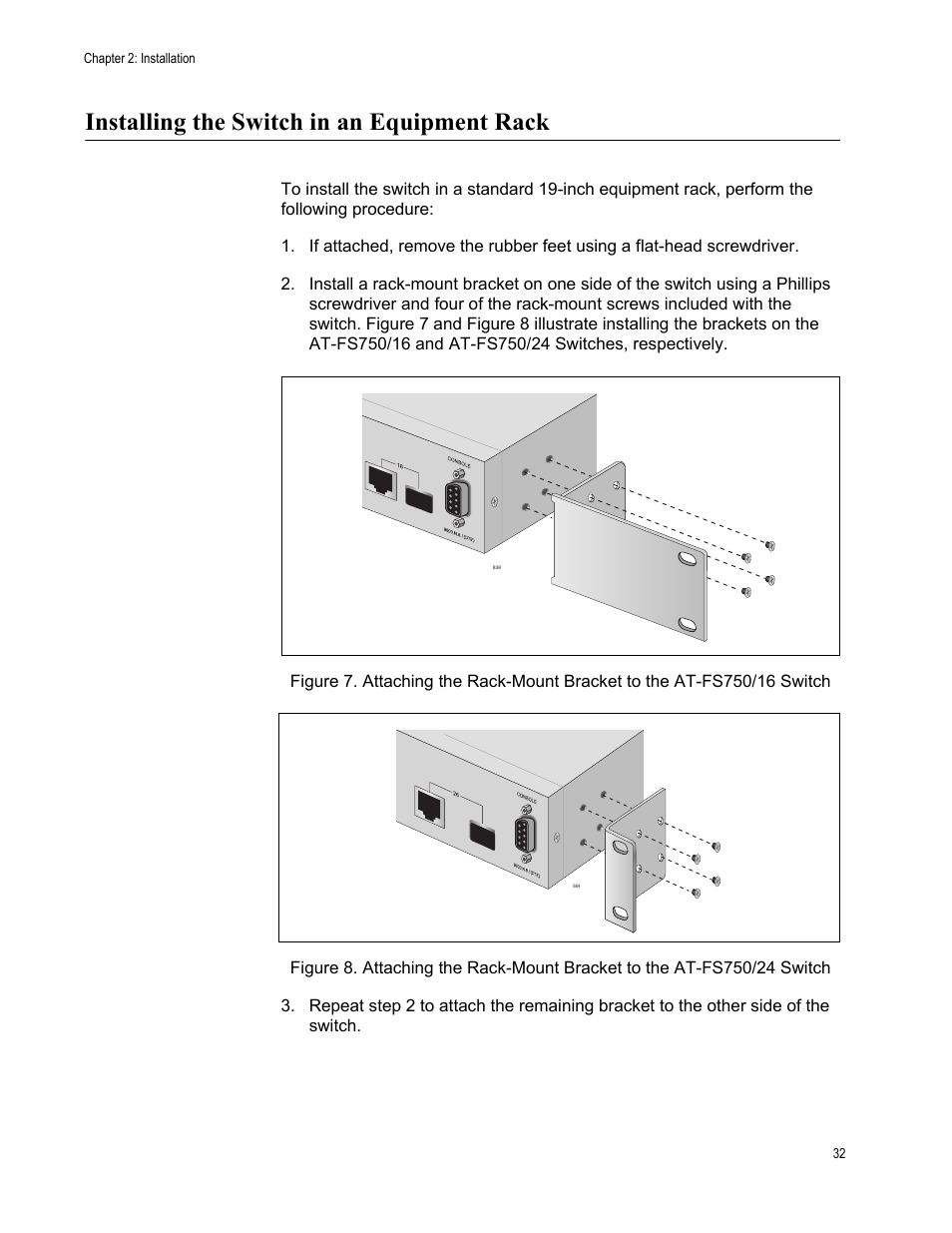Installing the switch in an equipment rack | Allied Telesis AT-FS750/24 User Manual | Page 32 / 44