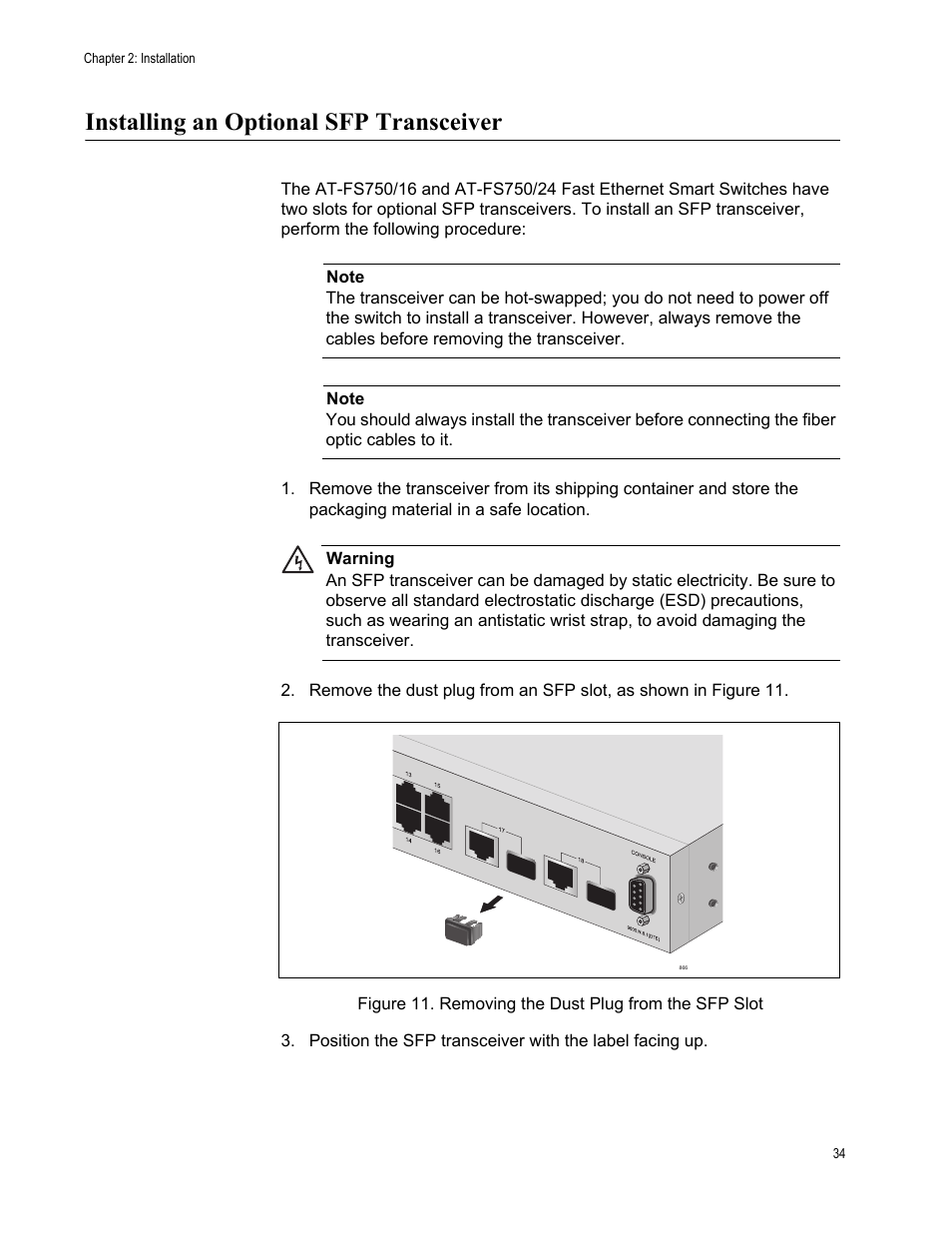 Installing an optional sfp transceiver | Allied Telesis AT-FS750/24 User Manual | Page 34 / 44