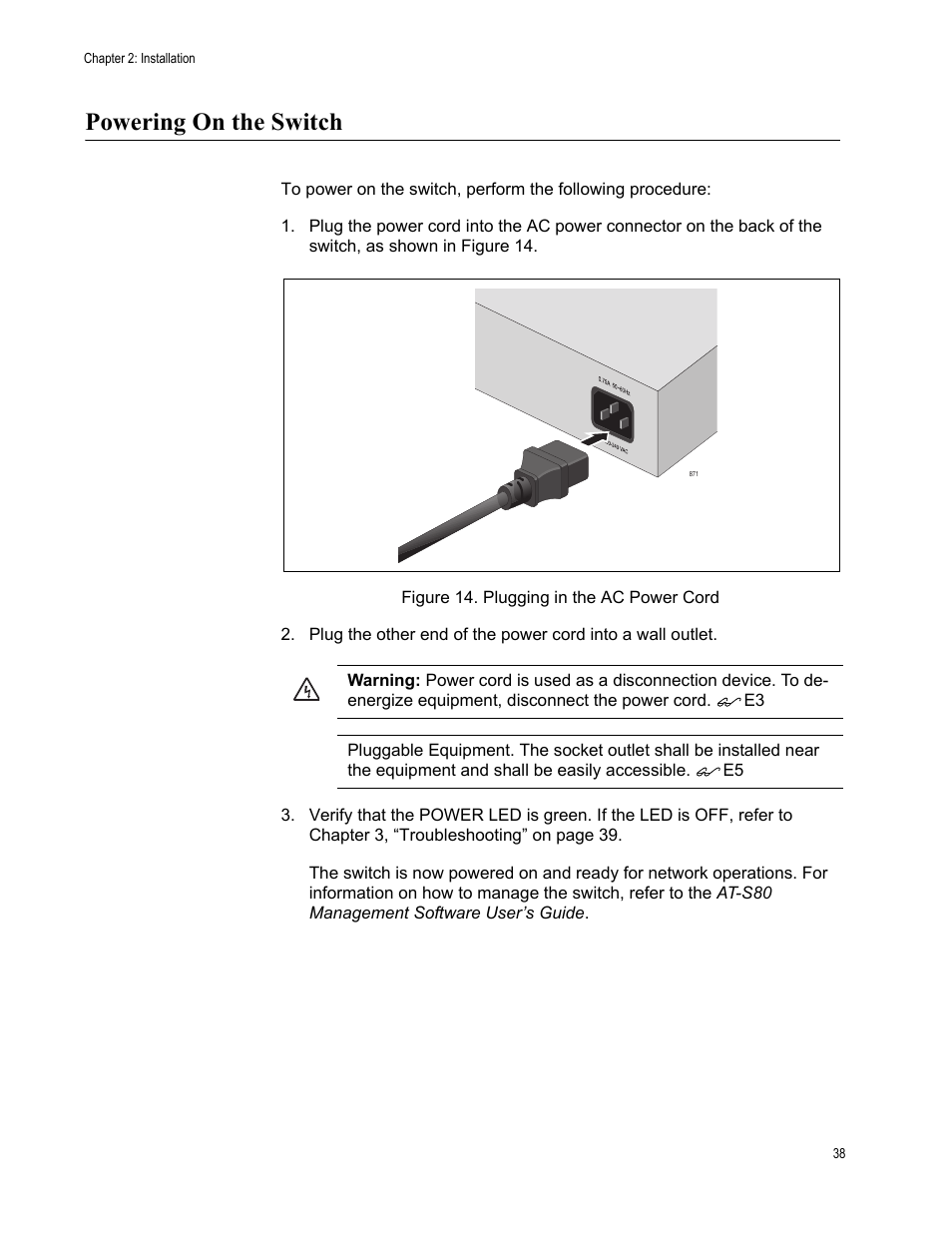 Powering on the switch, Figure 14. plugging in the ac power cord | Allied Telesis AT-FS750/24 User Manual | Page 38 / 44