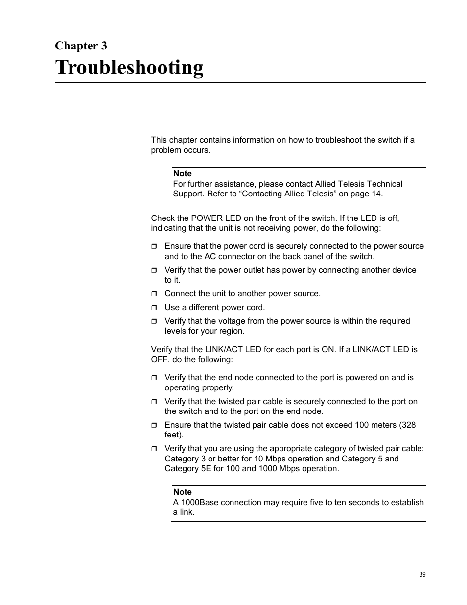 Chapter 3, Troubleshooting, R 3: troubleshooting | Allied Telesis AT-FS750/24 User Manual | Page 39 / 44