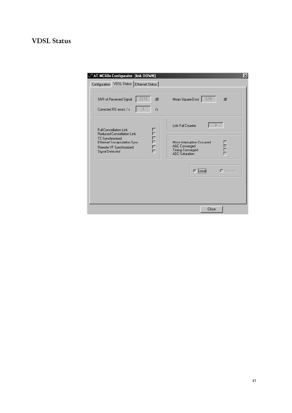 Vdsl status | Allied Telesis AT-МС602 User Manual | Page 41 / 65