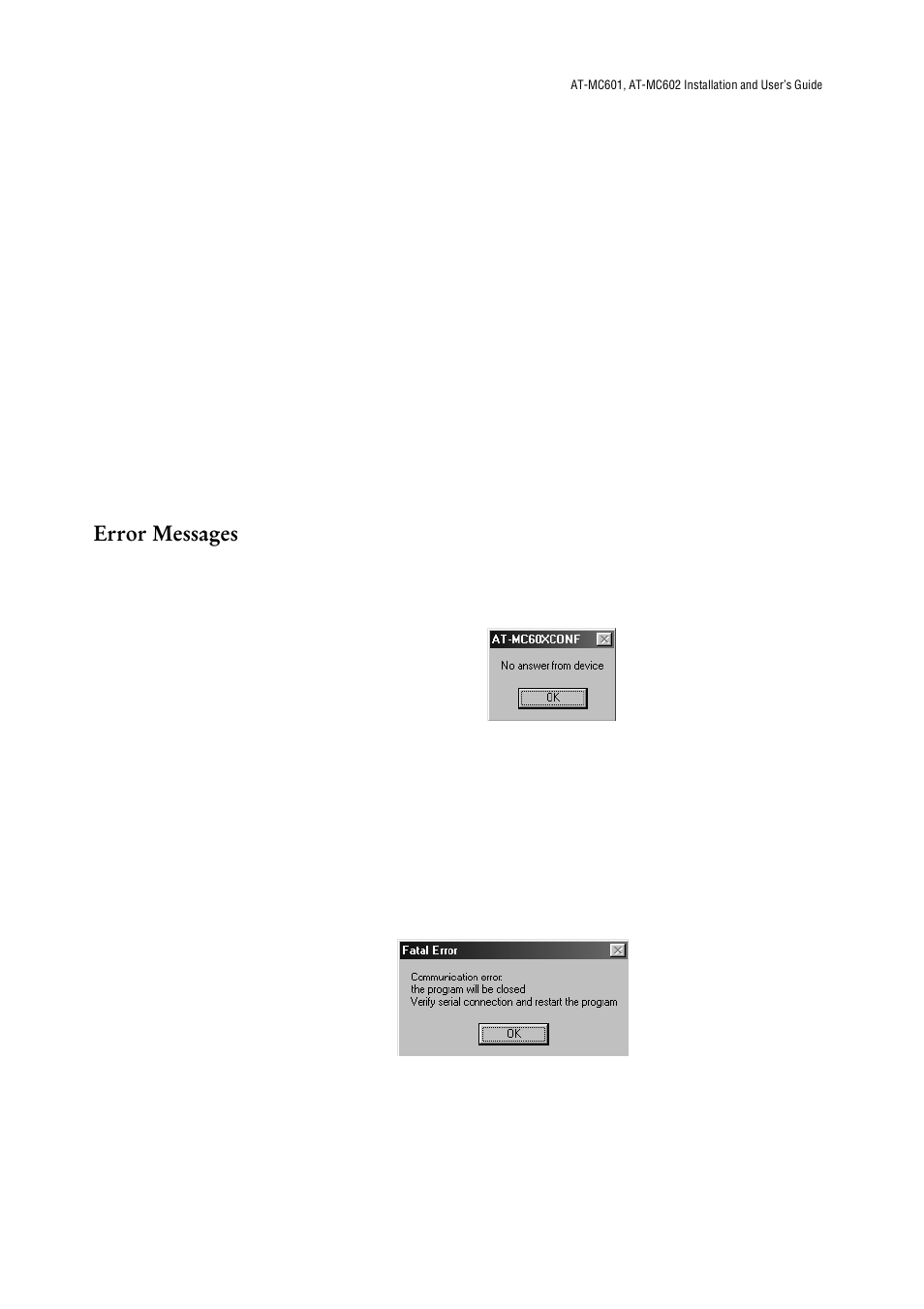 Error messages | Allied Telesis AT-МС602 User Manual | Page 48 / 65