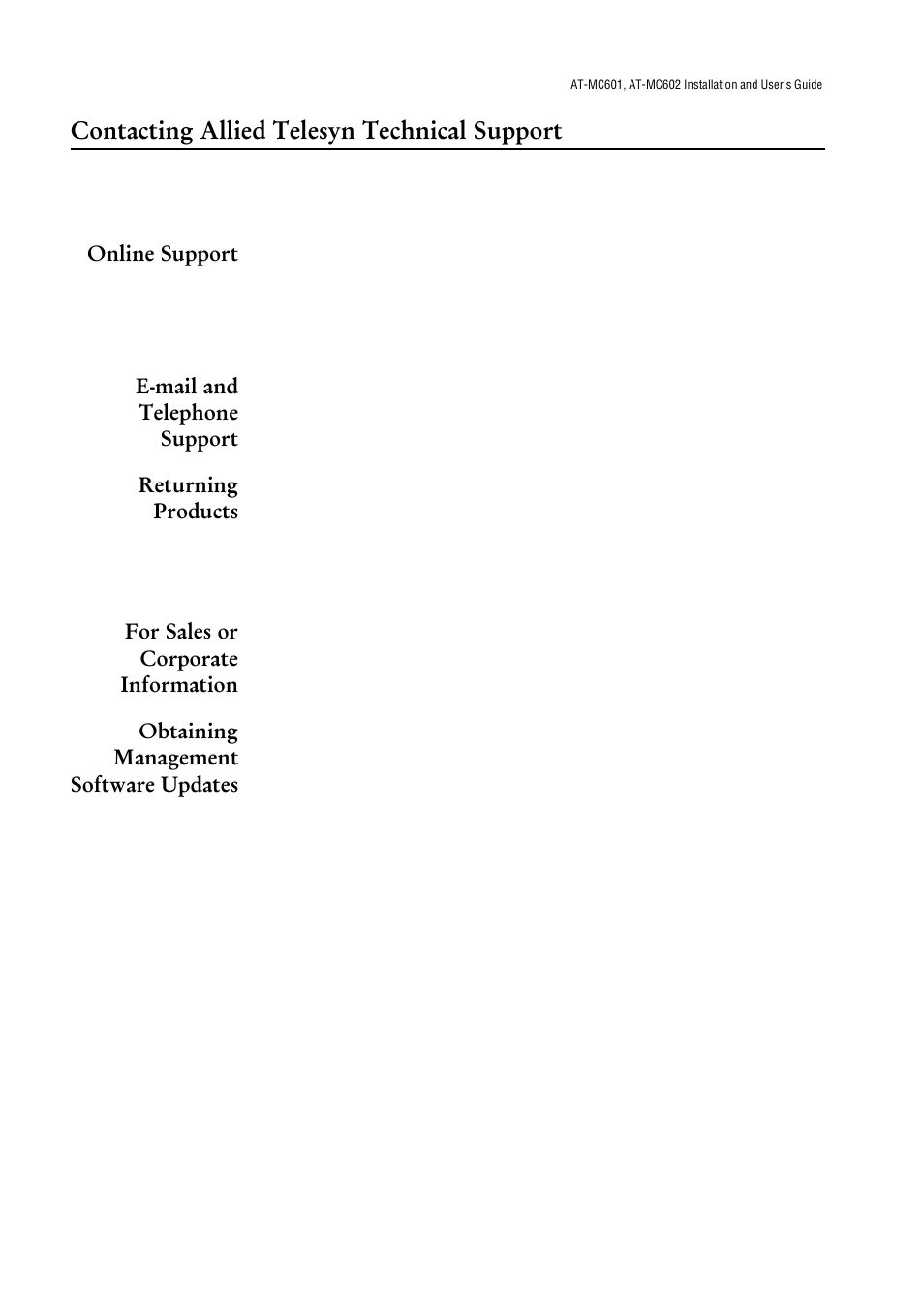 Contacting allied telesyn technical support, Online support, E-mail and telephone support | Returning products, For sales or corporate information, Obtaining management software updates | Allied Telesis AT-МС602 User Manual | Page 8 / 65