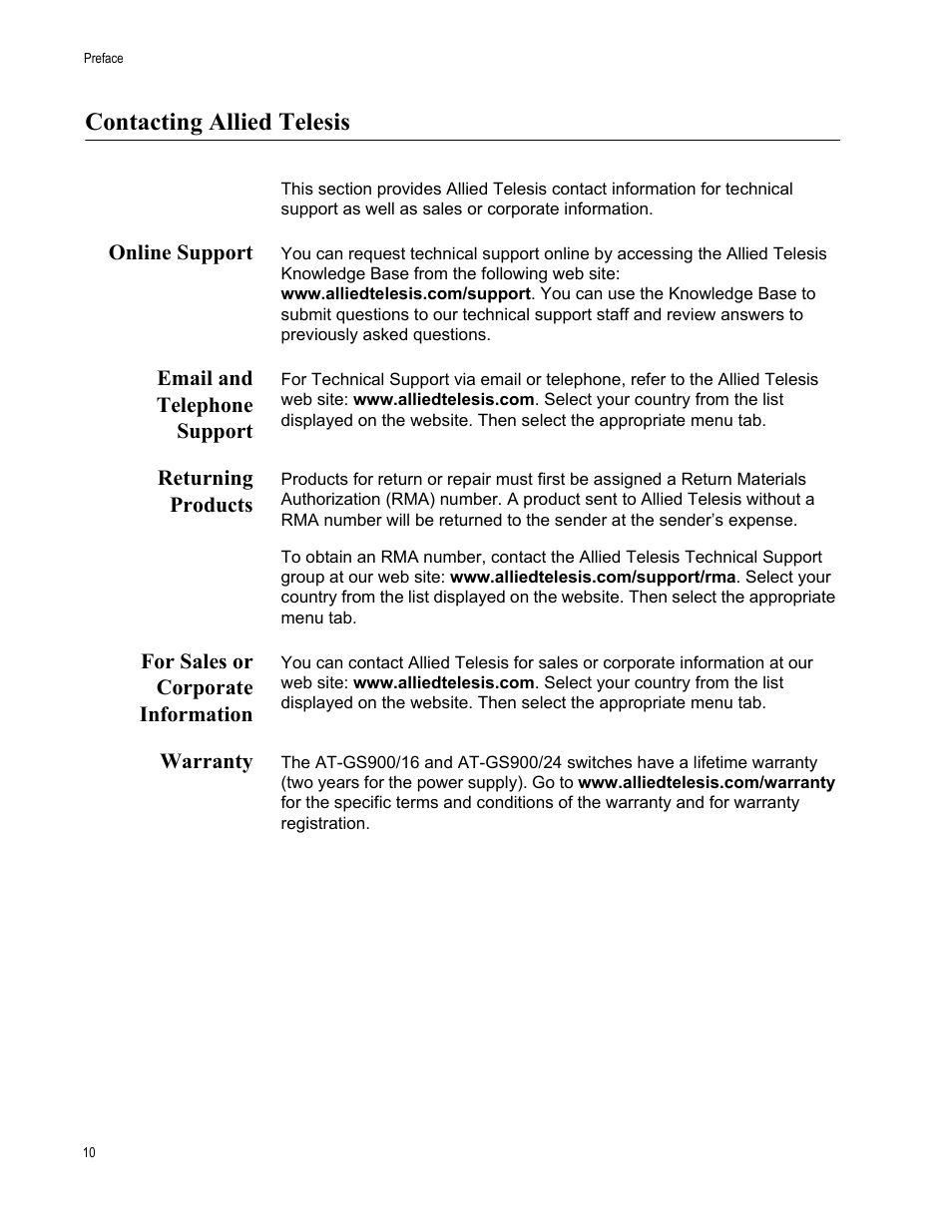 Contacting allied telesis, Online support, Email and telephone support | Returning products, For sales or corporate information, Warranty | Allied Telesis AT-GS900/24 User Manual | Page 10 / 40