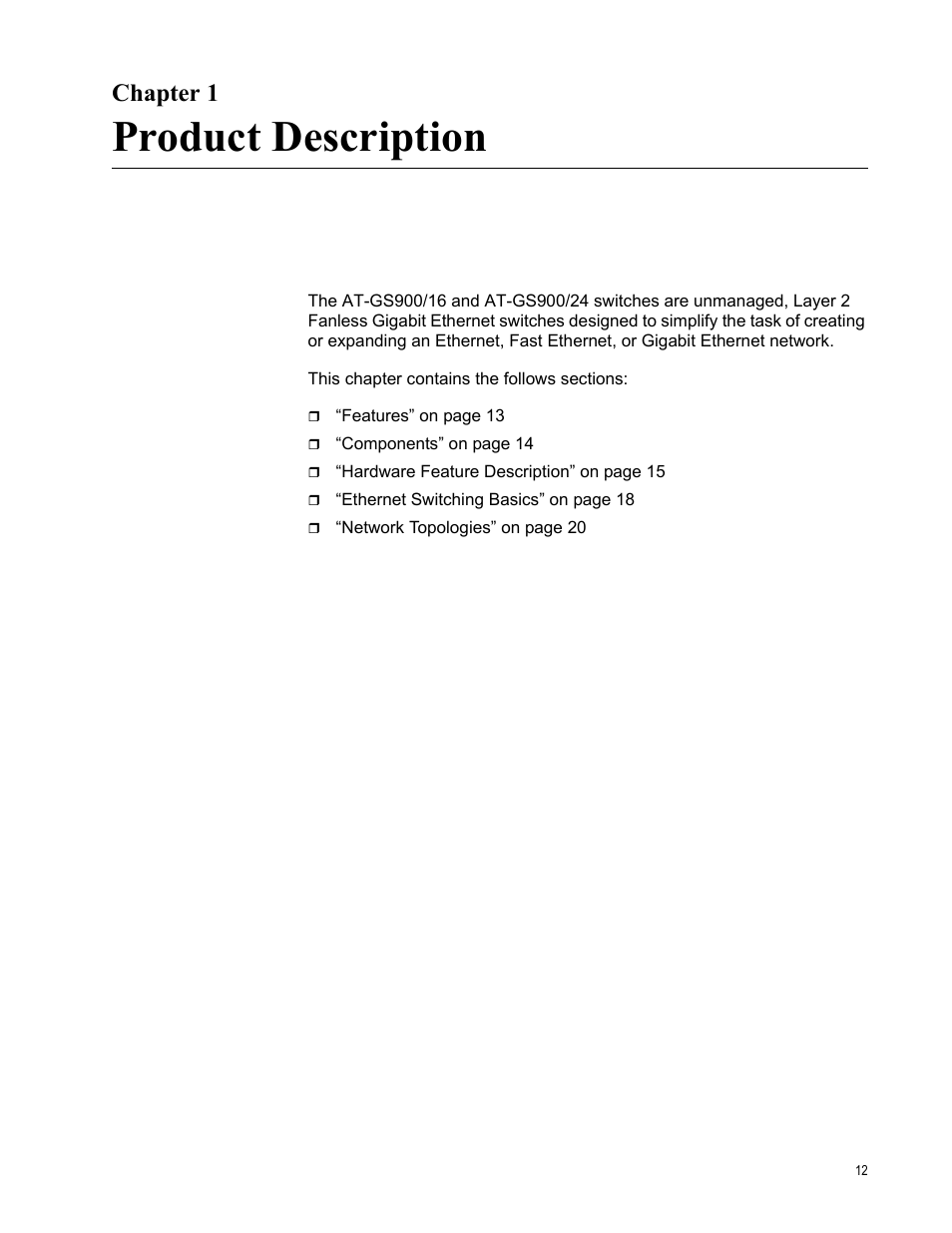 Chapter 1, Product description, R 1: product description | Allied Telesis AT-GS900/24 User Manual | Page 12 / 40