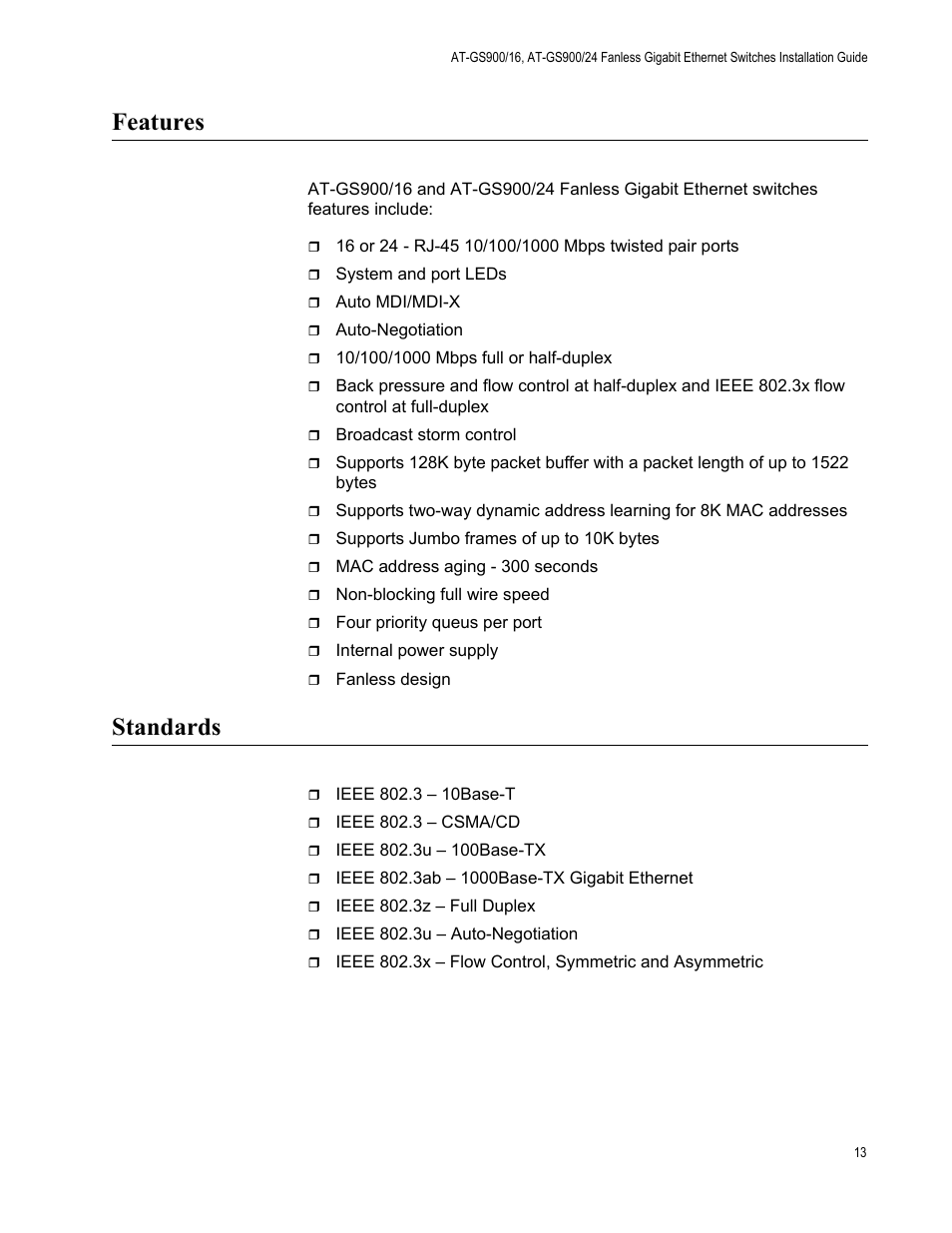 Features, Standards, Features standards | Allied Telesis AT-GS900/24 User Manual | Page 13 / 40
