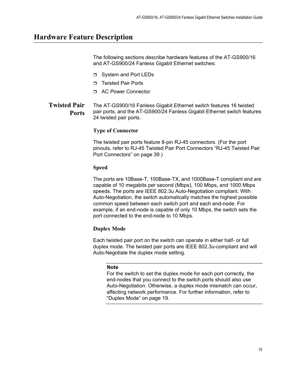 Hardware feature description, Twisted pair ports | Allied Telesis AT-GS900/24 User Manual | Page 15 / 40