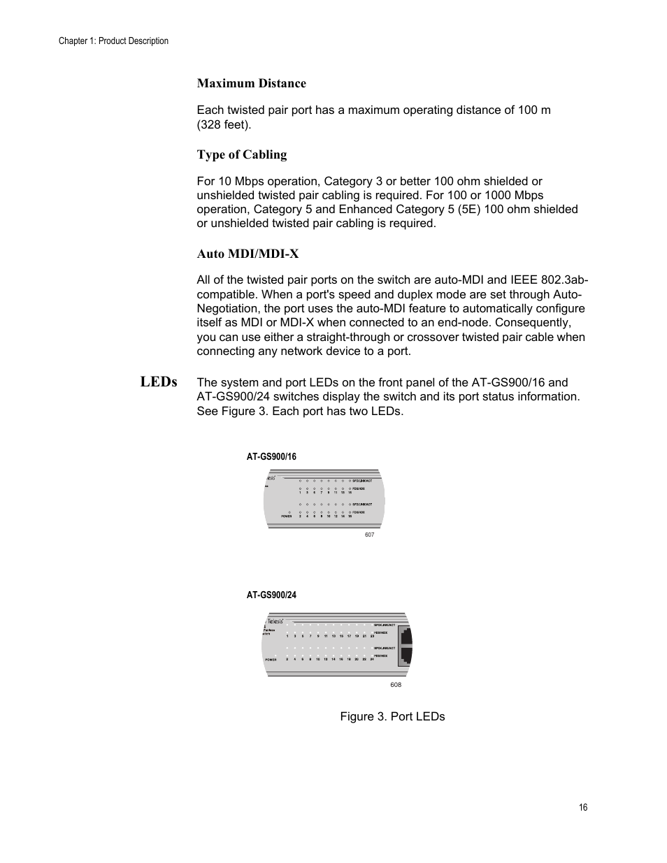 Leds | Allied Telesis AT-GS900/24 User Manual | Page 16 / 40