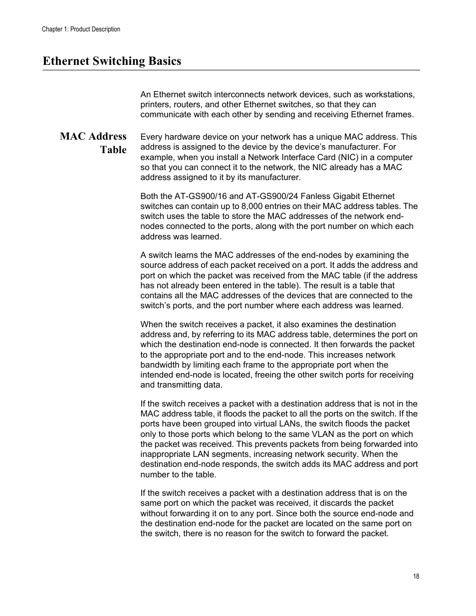 Ethernet switching basics, Mac address table | Allied Telesis AT-GS900/24 User Manual | Page 18 / 40
