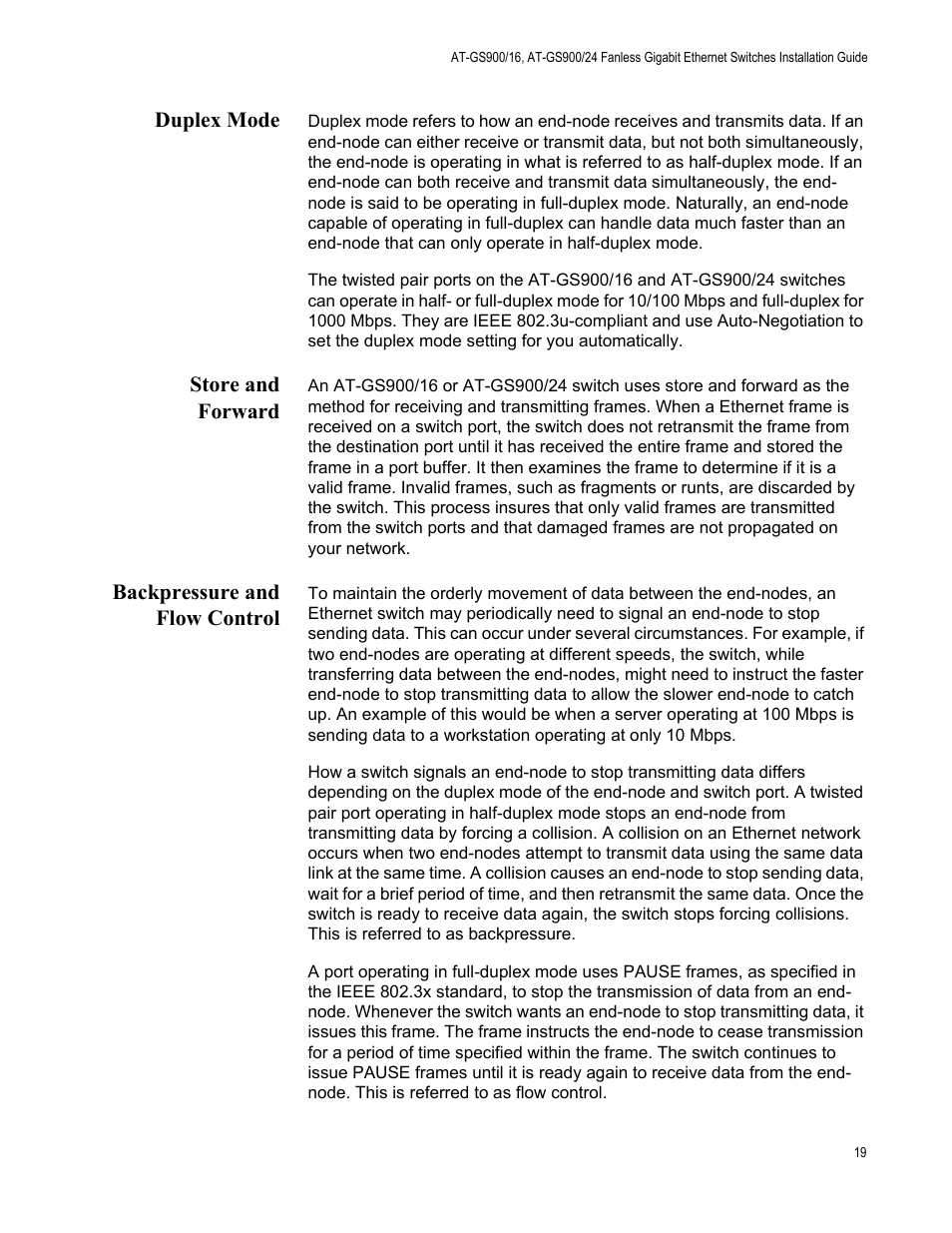 Duplex mode, Store and forward, Backpressure and flow control | Allied Telesis AT-GS900/24 User Manual | Page 19 / 40