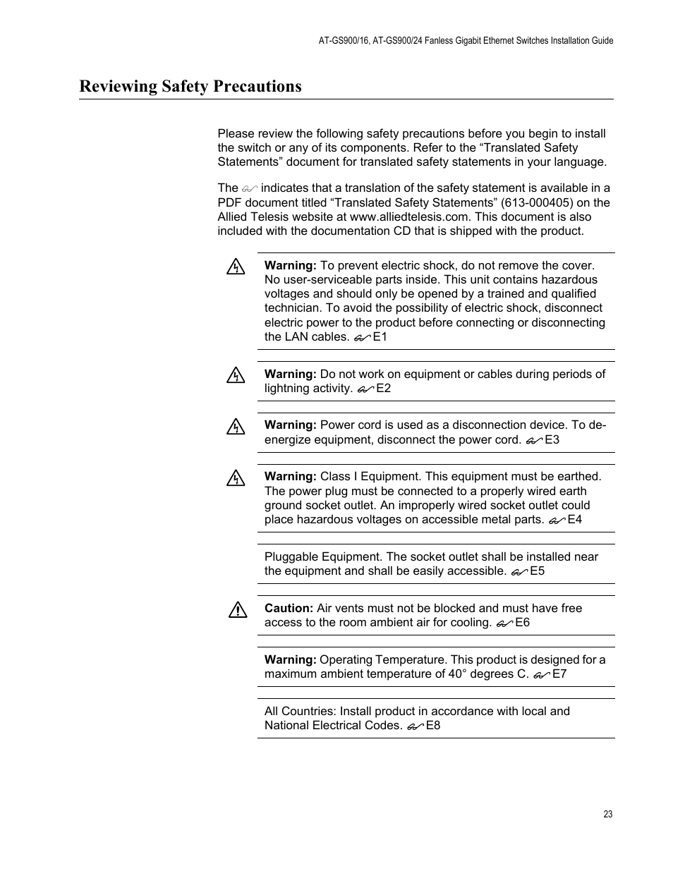 Reviewing safety precautions | Allied Telesis AT-GS900/24 User Manual | Page 23 / 40