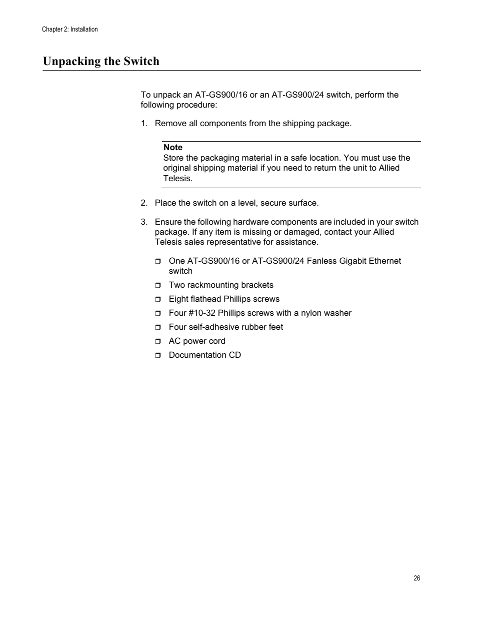 Unpacking the switch | Allied Telesis AT-GS900/24 User Manual | Page 26 / 40