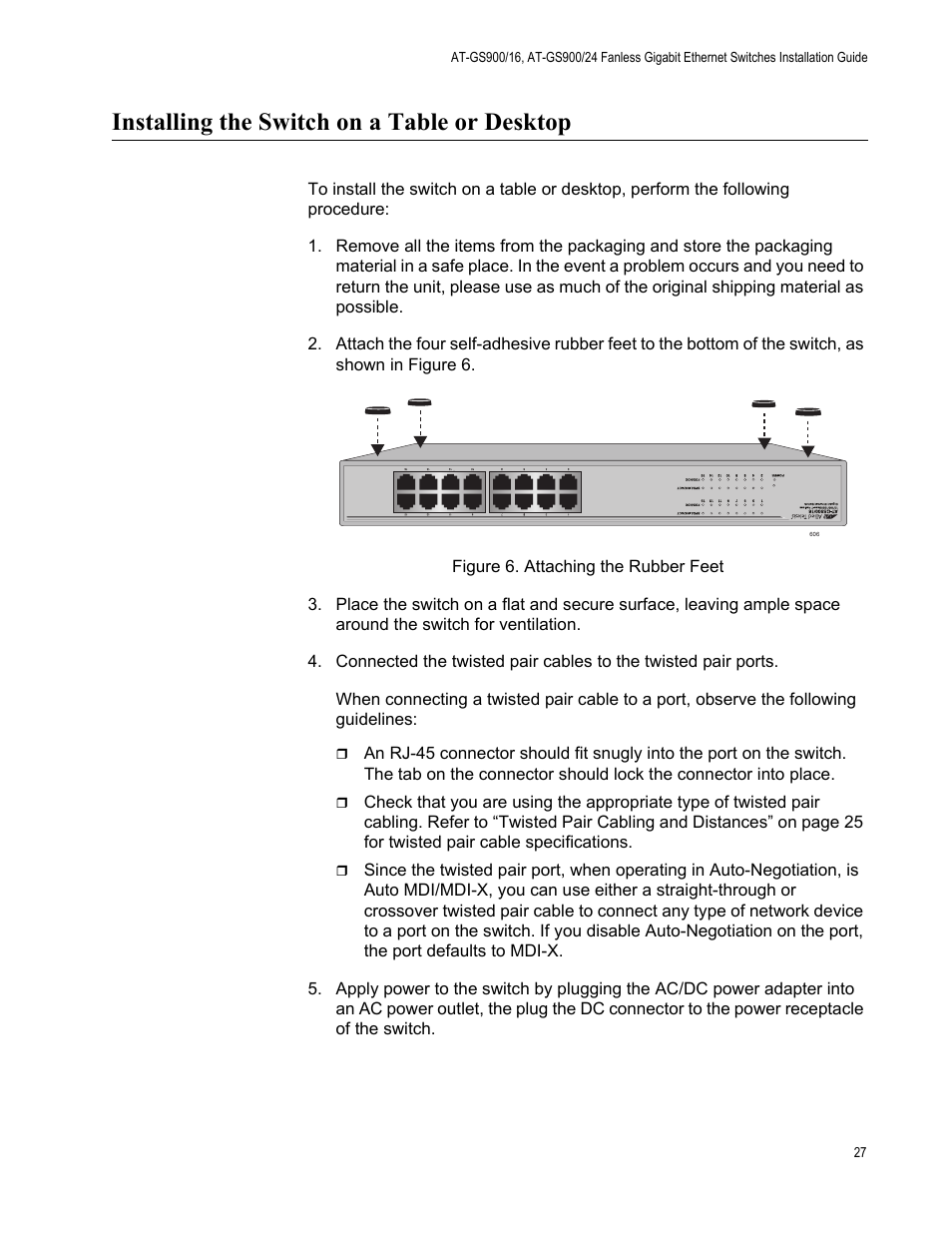 Installing the switch on a table or desktop | Allied Telesis AT-GS900/24 User Manual | Page 27 / 40