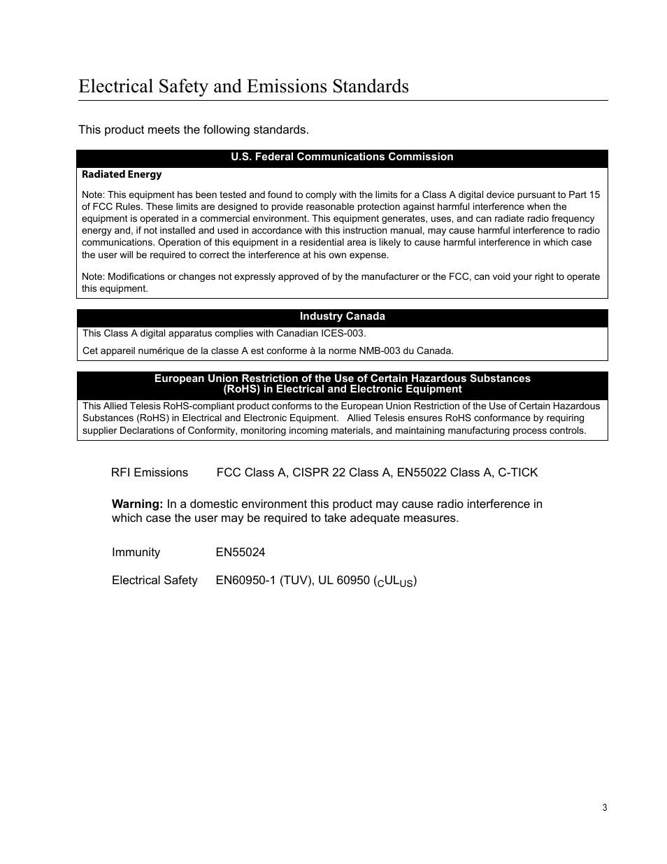 Electrical safety and emissions standards | Allied Telesis AT-GS900/24 User Manual | Page 3 / 40