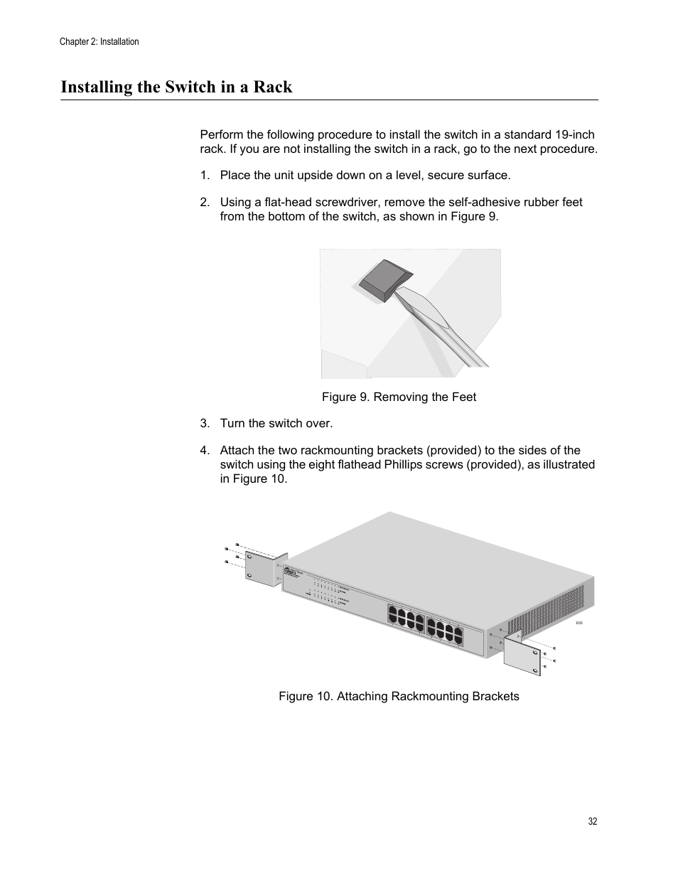 Installing the switch in a rack | Allied Telesis AT-GS900/24 User Manual | Page 32 / 40