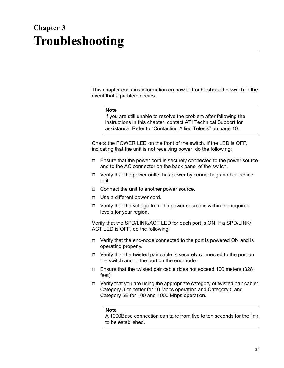 Chapter 3, Troubleshooting, R 3: troubleshooting | Allied Telesis AT-GS900/24 User Manual | Page 37 / 40