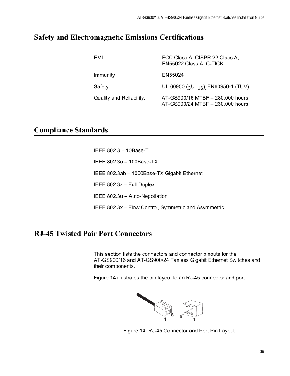 Compliance standards, Rj-45 twisted pair port connectors | Allied Telesis AT-GS900/24 User Manual | Page 39 / 40