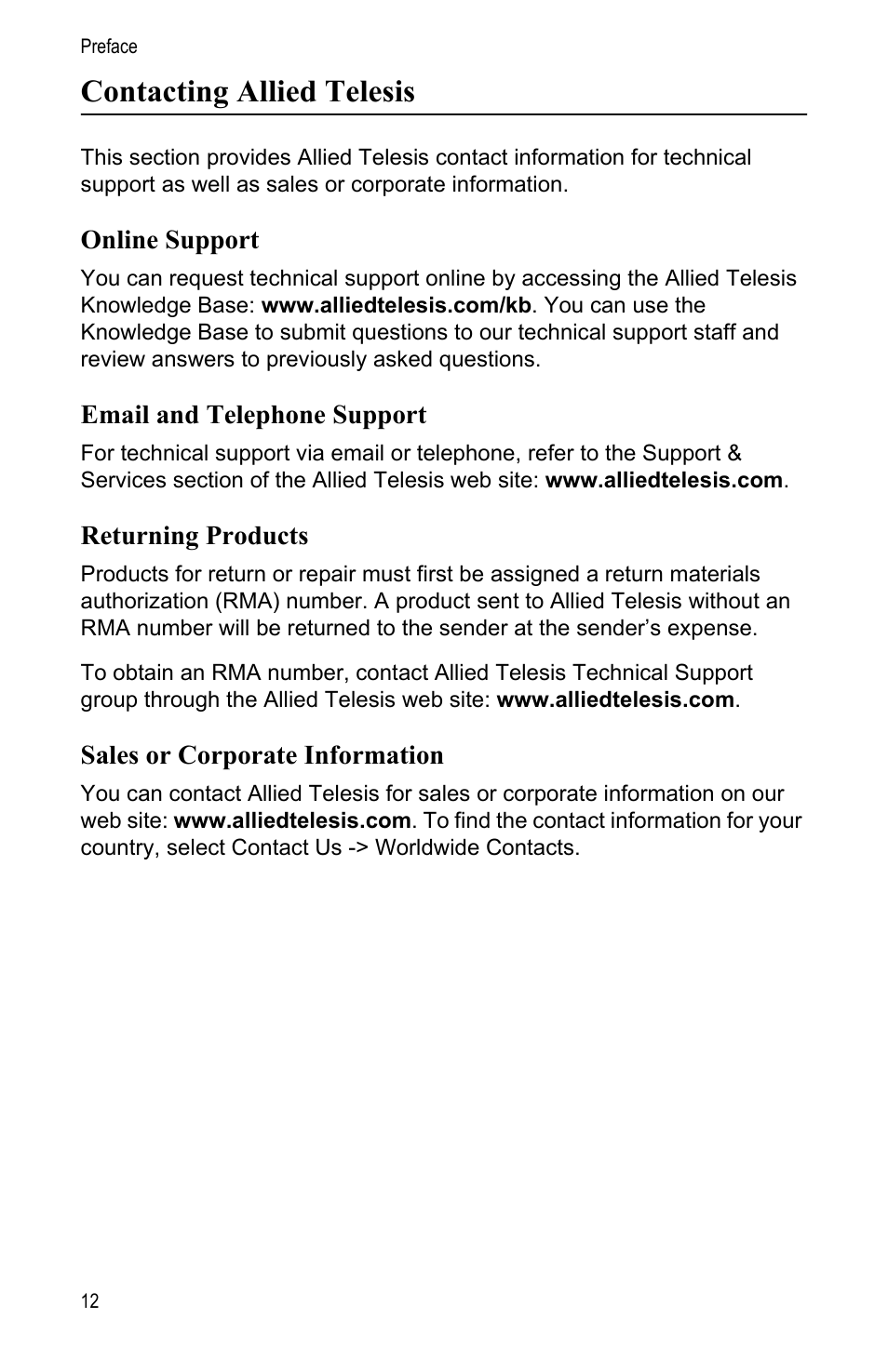 Contacting allied telesis, Online support, Email and telephone support | Returning products, Sales or corporate information | Allied Telesis AT-MC13 User Manual | Page 12 / 48