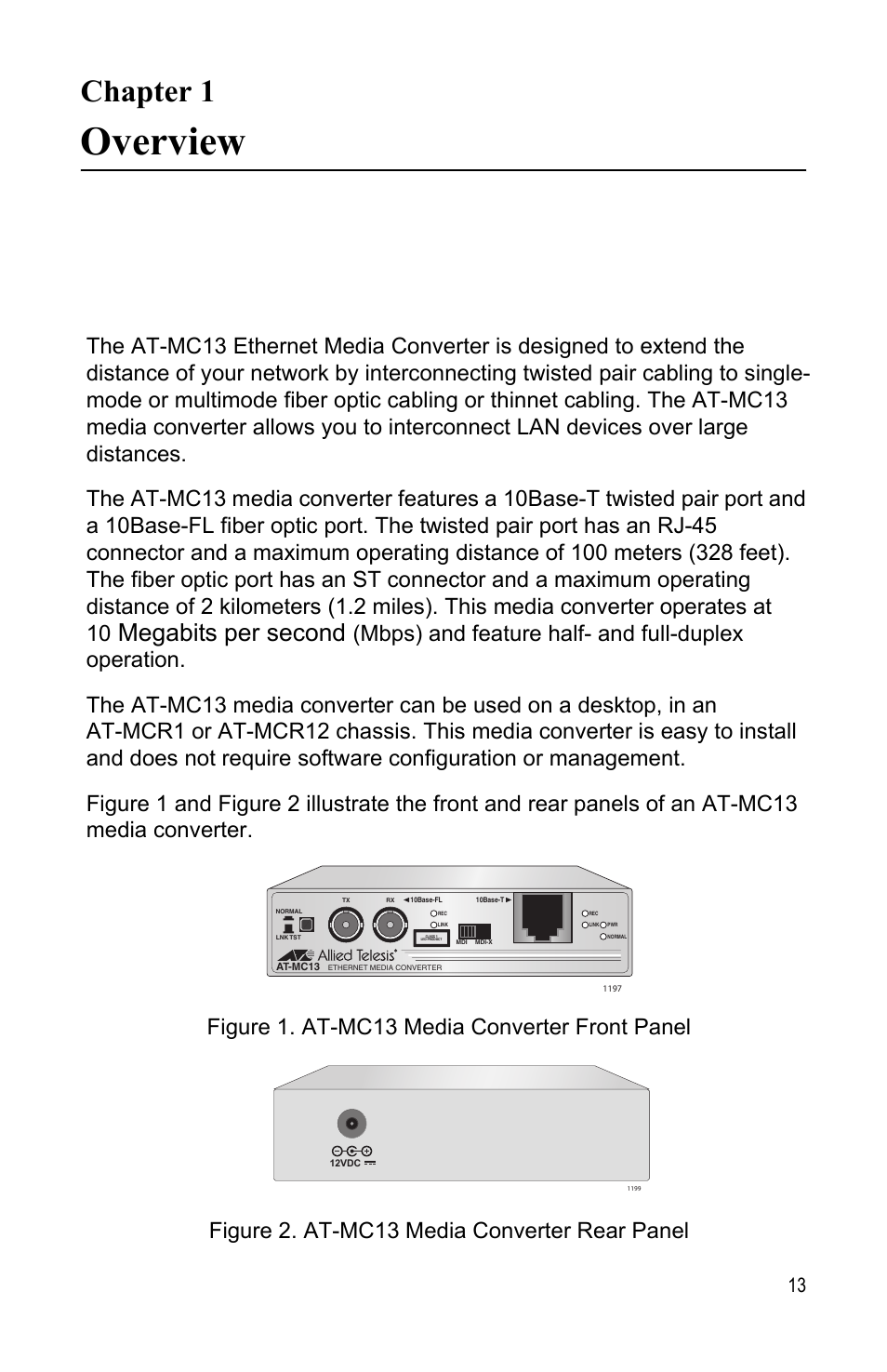 Chapter 1, Overview, Chapter 1 overview | Megabits per second | Allied Telesis AT-MC13 User Manual | Page 13 / 48
