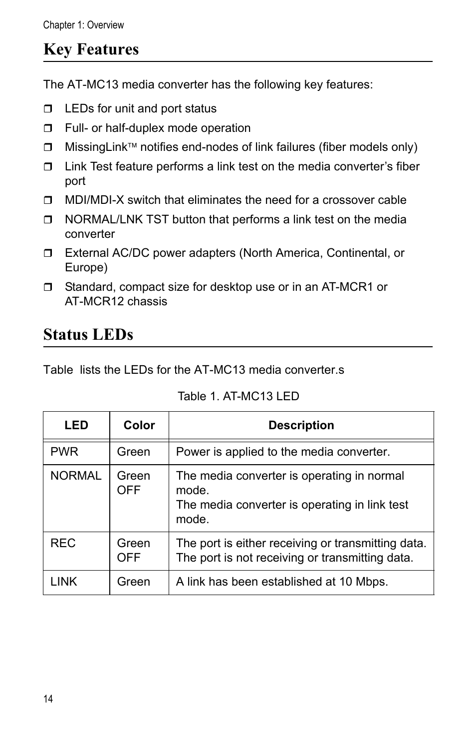 Key features, Status leds, Key features status leds | Allied Telesis AT-MC13 User Manual | Page 14 / 48