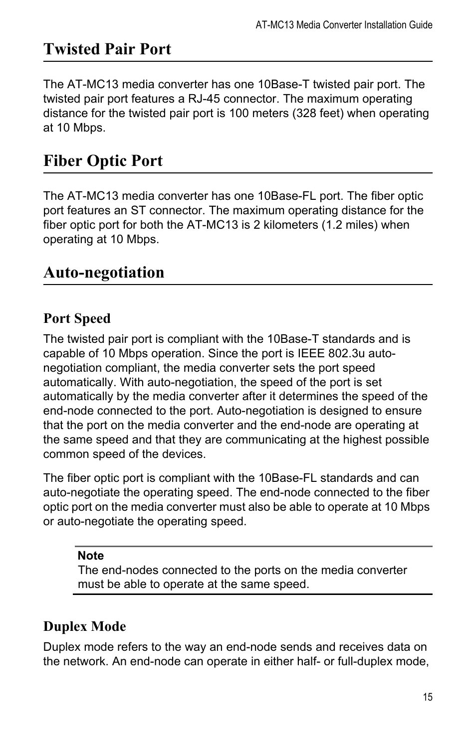 Twisted pair port, Fiber optic port, Auto-negotiation | Port speed, Duplex mode | Allied Telesis AT-MC13 User Manual | Page 15 / 48