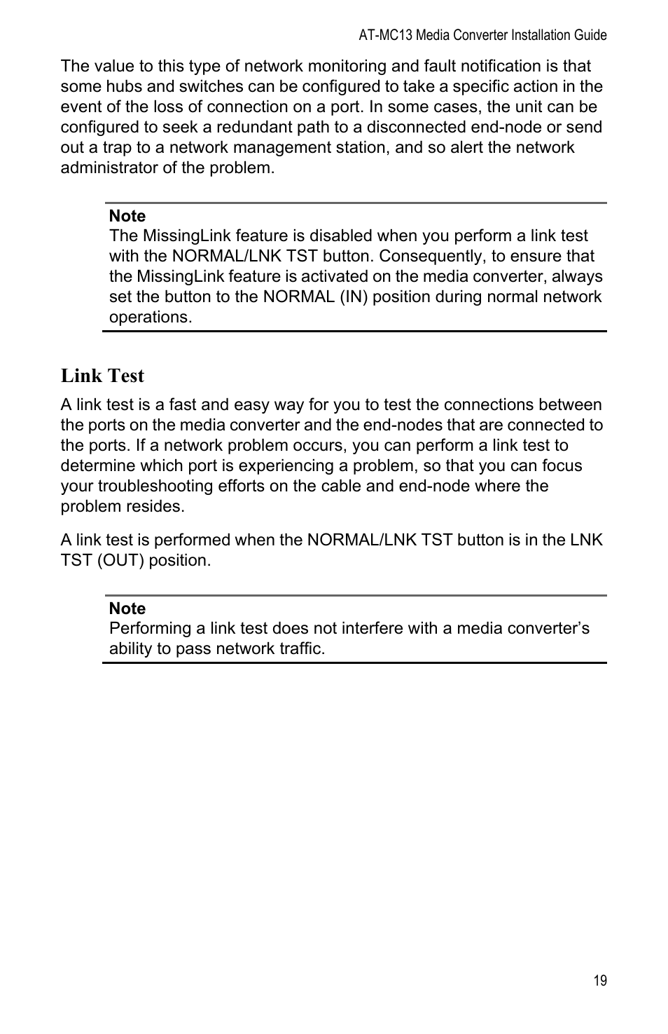 Link test | Allied Telesis AT-MC13 User Manual | Page 19 / 48