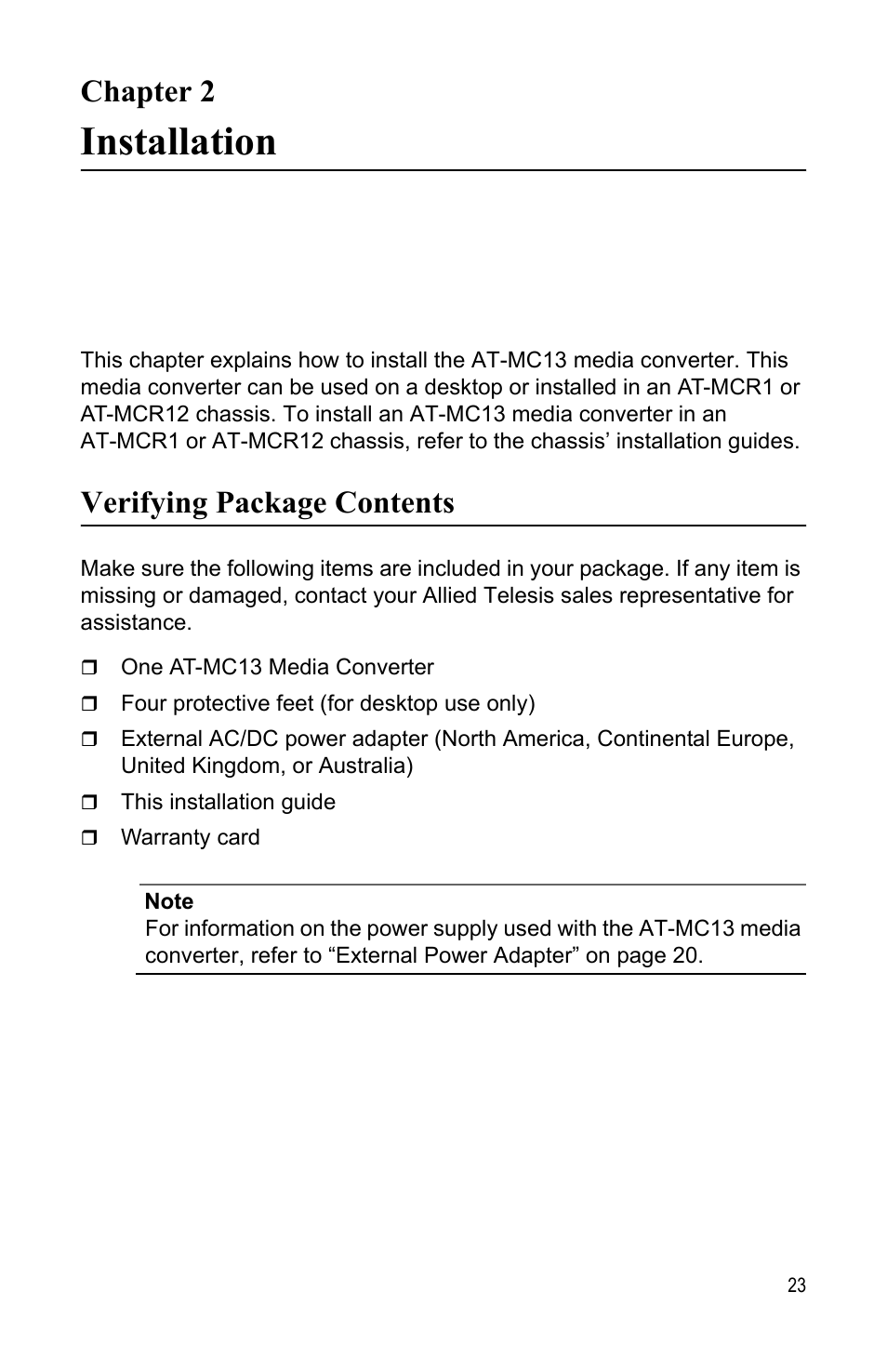 Chapter 2, Installation, Verifying package contents | Chapter 2 installation | Allied Telesis AT-MC13 User Manual | Page 23 / 48