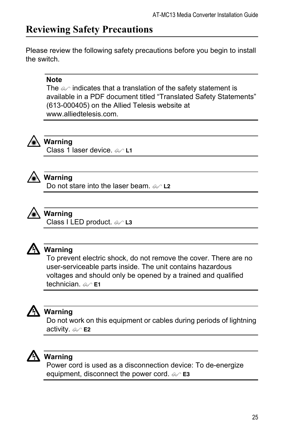 Reviewing safety precautions | Allied Telesis AT-MC13 User Manual | Page 25 / 48