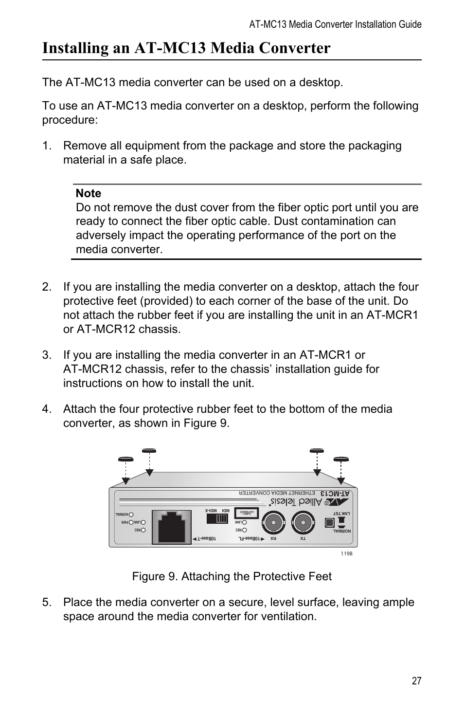 Installing an at-mc13 media converter, At-mc13 media converter installation guide 27 | Allied Telesis AT-MC13 User Manual | Page 27 / 48