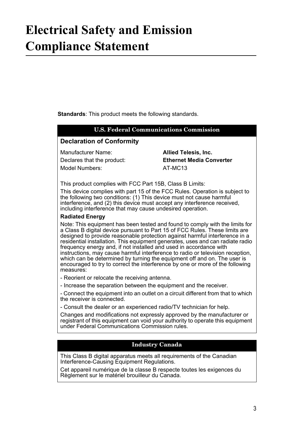 Allied Telesis AT-MC13 User Manual | Page 3 / 48