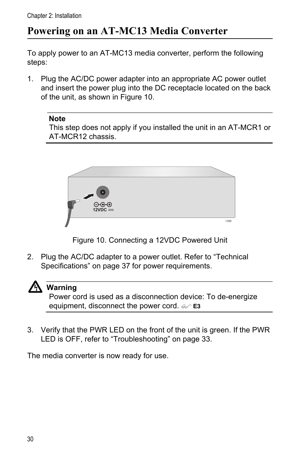 Powering on an at-mc13 media converter | Allied Telesis AT-MC13 User Manual | Page 30 / 48