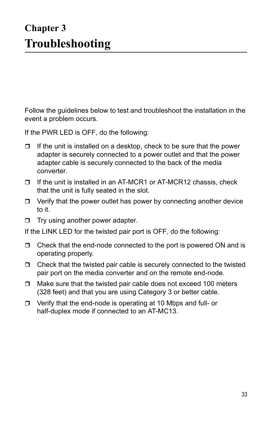 Chapter 3, Troubleshooting, Chapter 3 troubleshooting | Allied Telesis AT-MC13 User Manual | Page 33 / 48