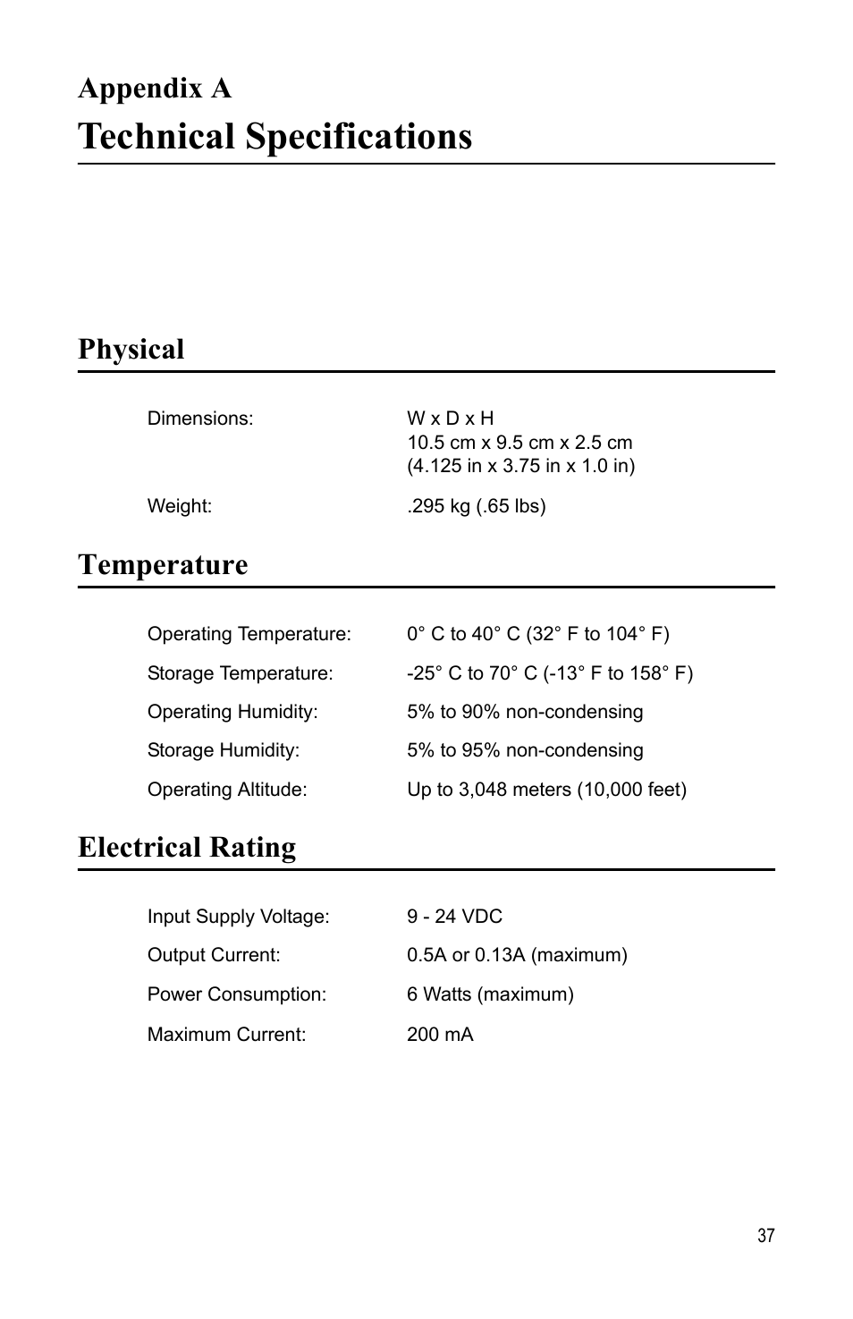 Appendix a, Technical specifications, Physical | Temperature, Electrical rating, Appendix a technical specifications, Physical temperature electrical rating, To “technical | Allied Telesis AT-MC13 User Manual | Page 37 / 48