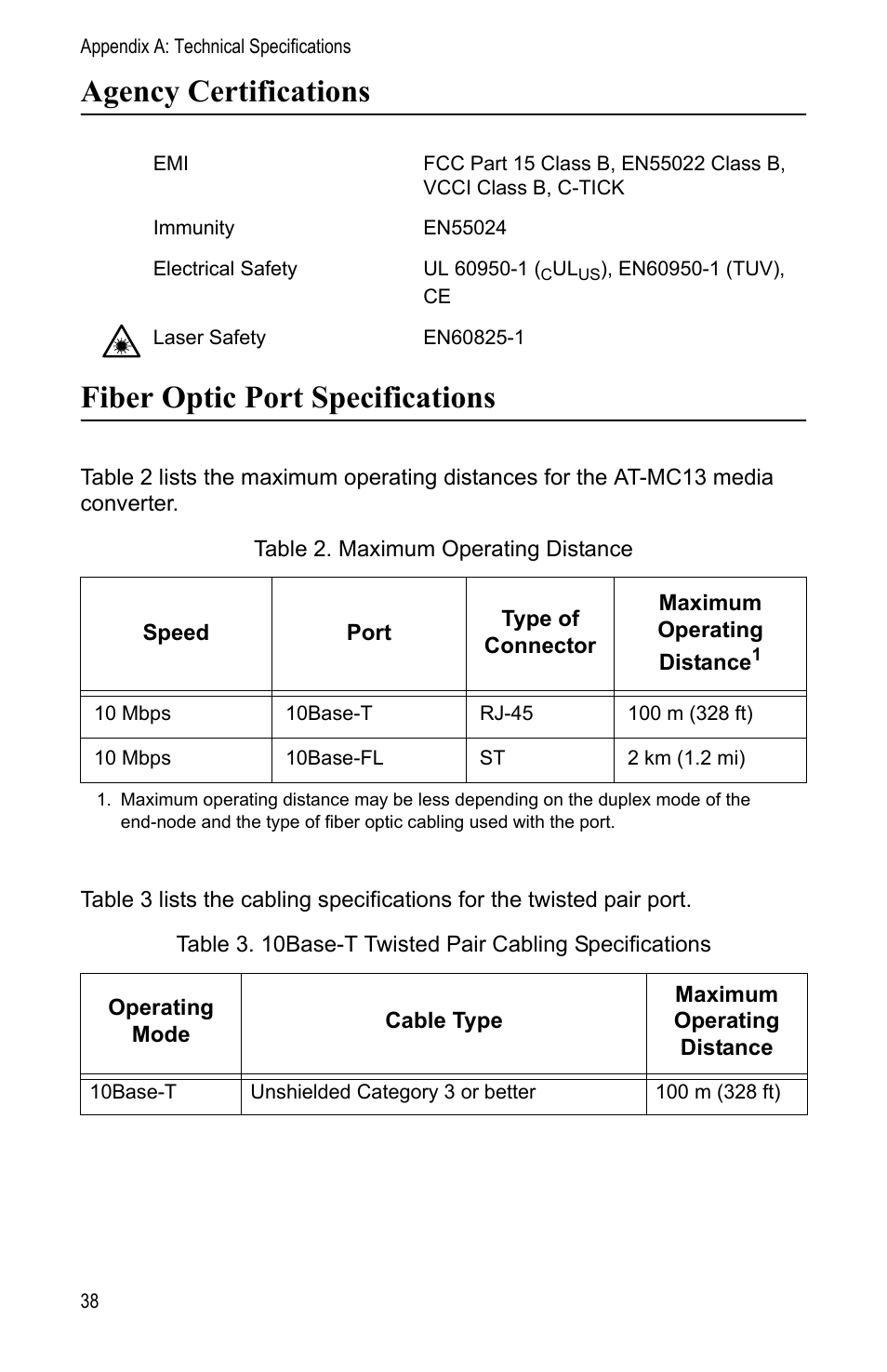 Agency certifications, Fiber optic port specifications | Allied Telesis AT-MC13 User Manual | Page 38 / 48