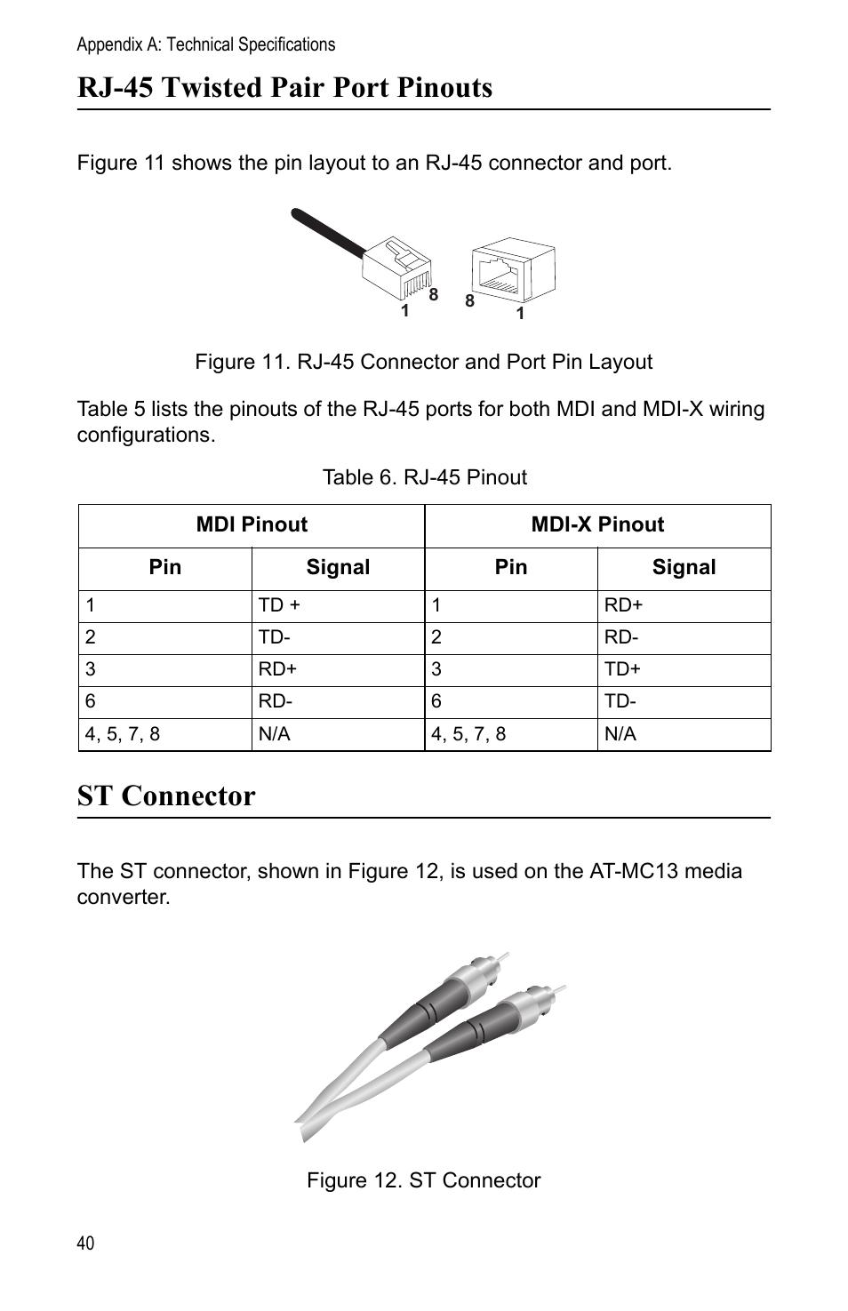 Rj-45 twisted pair port pinouts, St connector, Rj-45 twisted pair port pinouts st connector | Allied Telesis AT-MC13 User Manual | Page 40 / 48