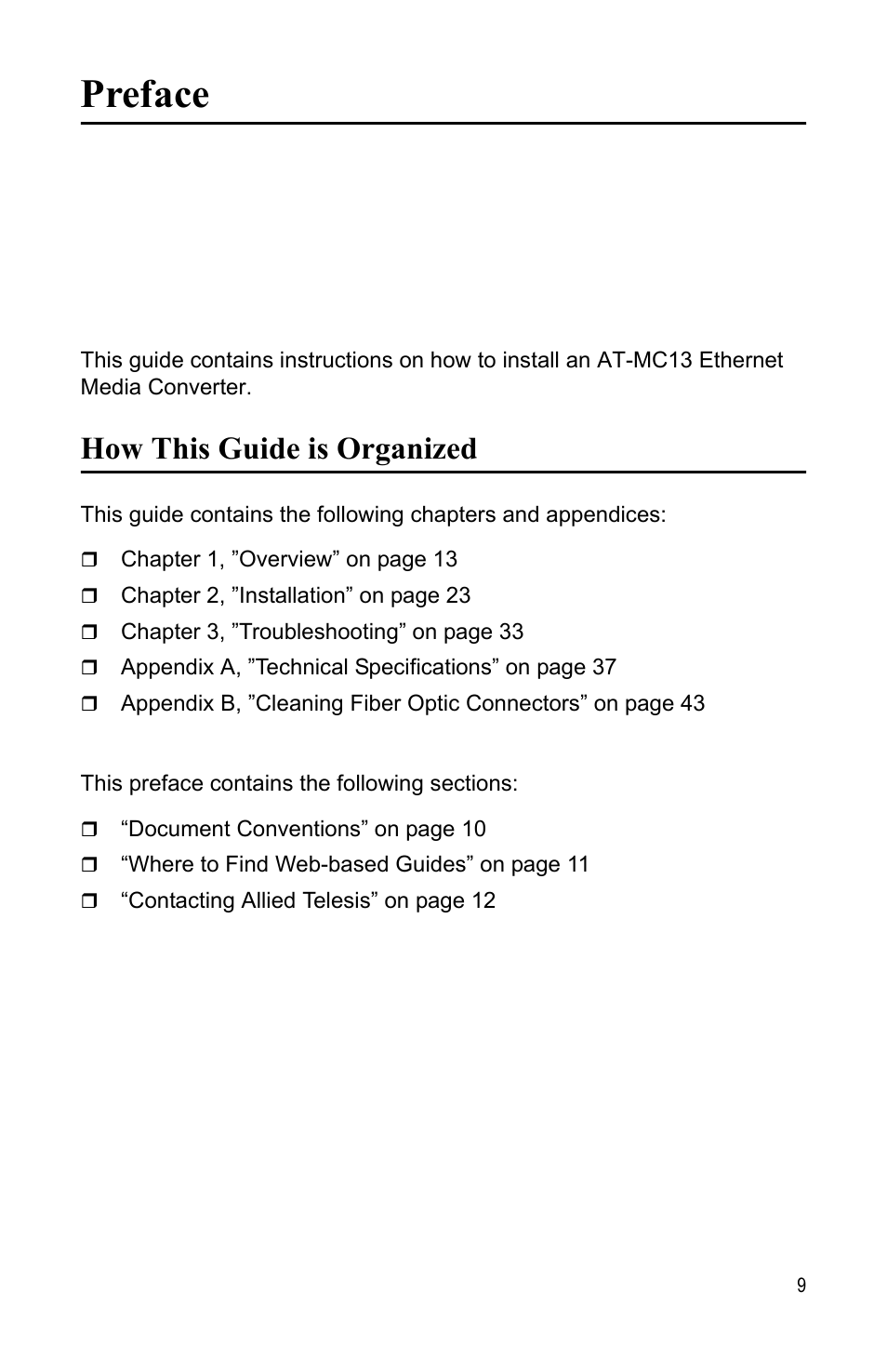 Preface, How this guide is organized | Allied Telesis AT-MC13 User Manual | Page 9 / 48