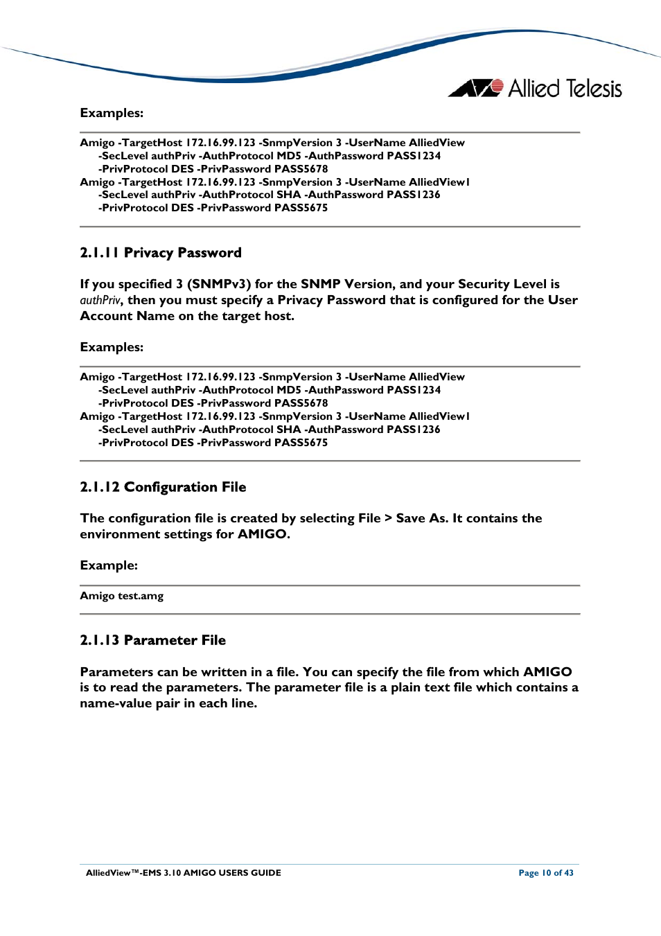 11 privacy password, 12 configuration file, 13 parameter file | 12 configuration file 2.1.13 parameter file, Privacy password, Configuration file, Parameter file | Allied Telesis AlliedView-EMS 3.10 AMIGO User Manual | Page 10 / 43