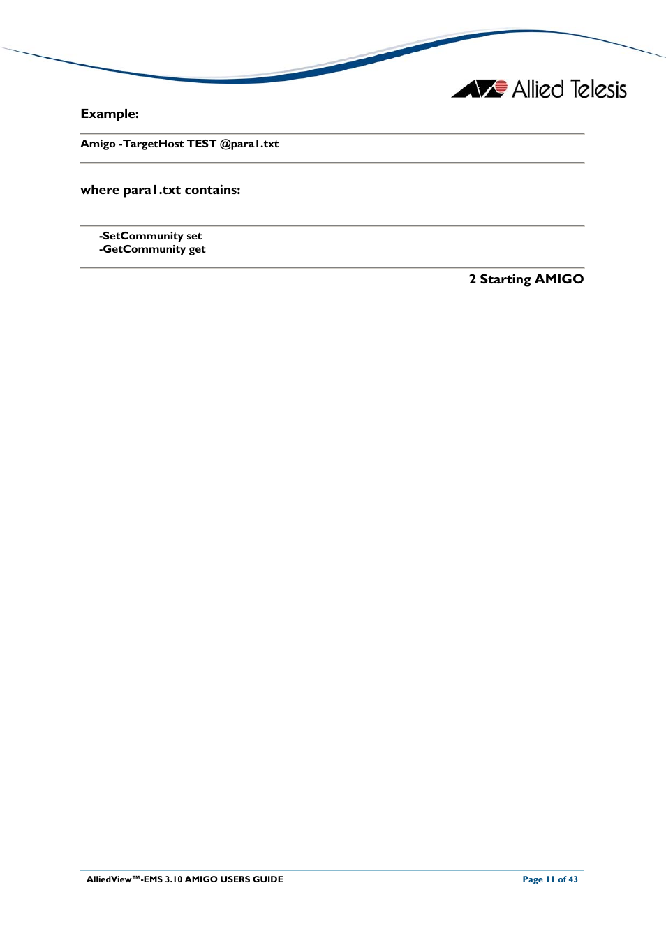 Example, Where para1.txt contains, 2 starting amigo | Allied Telesis AlliedView-EMS 3.10 AMIGO User Manual | Page 11 / 43