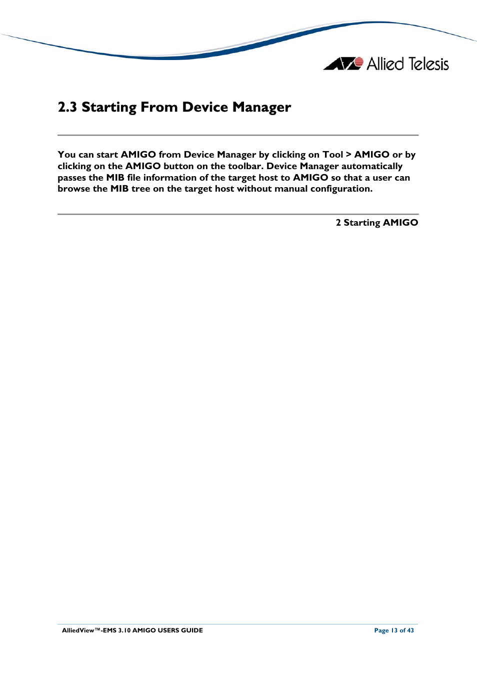 3 starting from device manager, Tarting, Evice | Anager, Starting from device manager | Allied Telesis AlliedView-EMS 3.10 AMIGO User Manual | Page 13 / 43