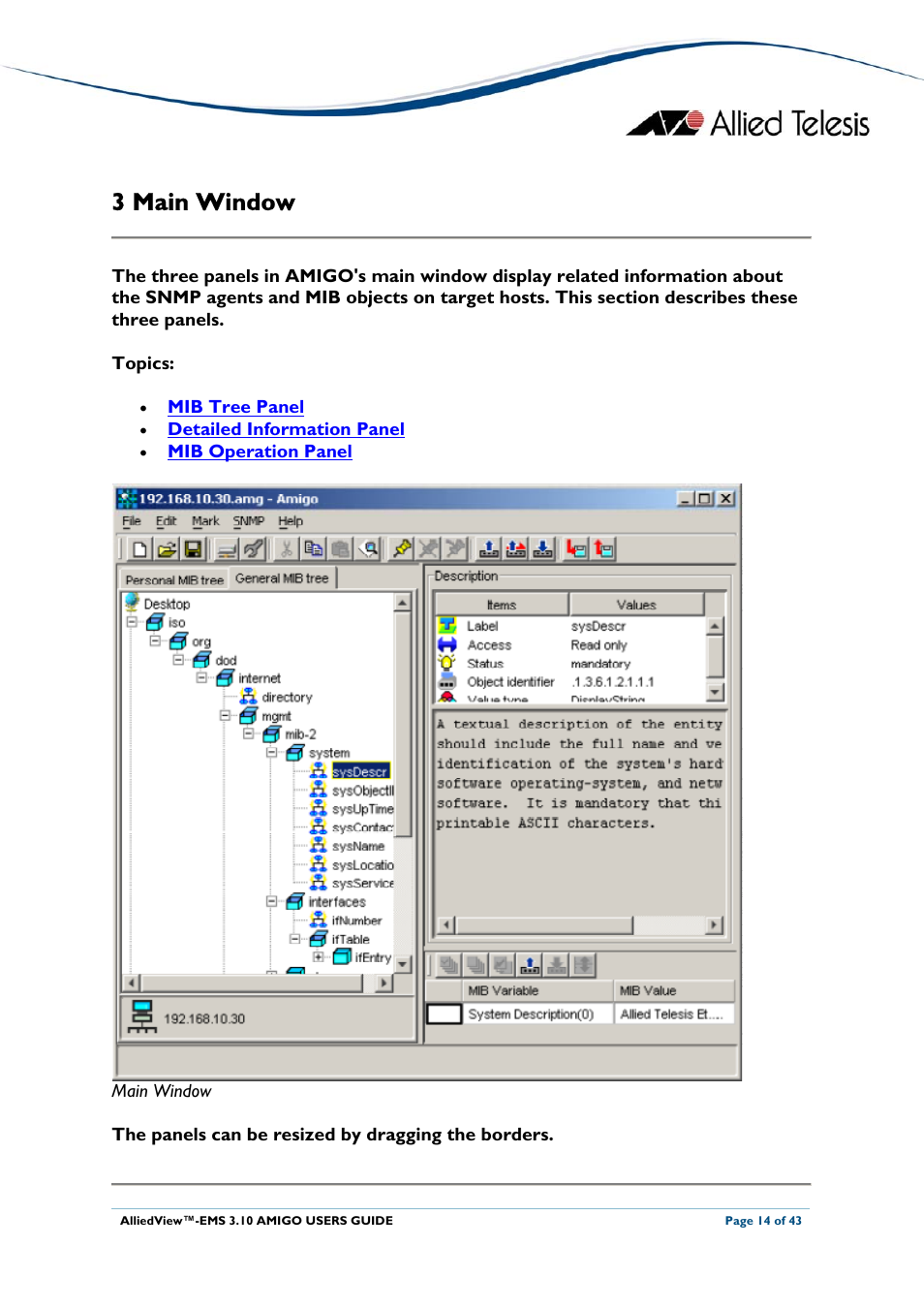 3 main window, Main window | Allied Telesis AlliedView-EMS 3.10 AMIGO User Manual | Page 14 / 43