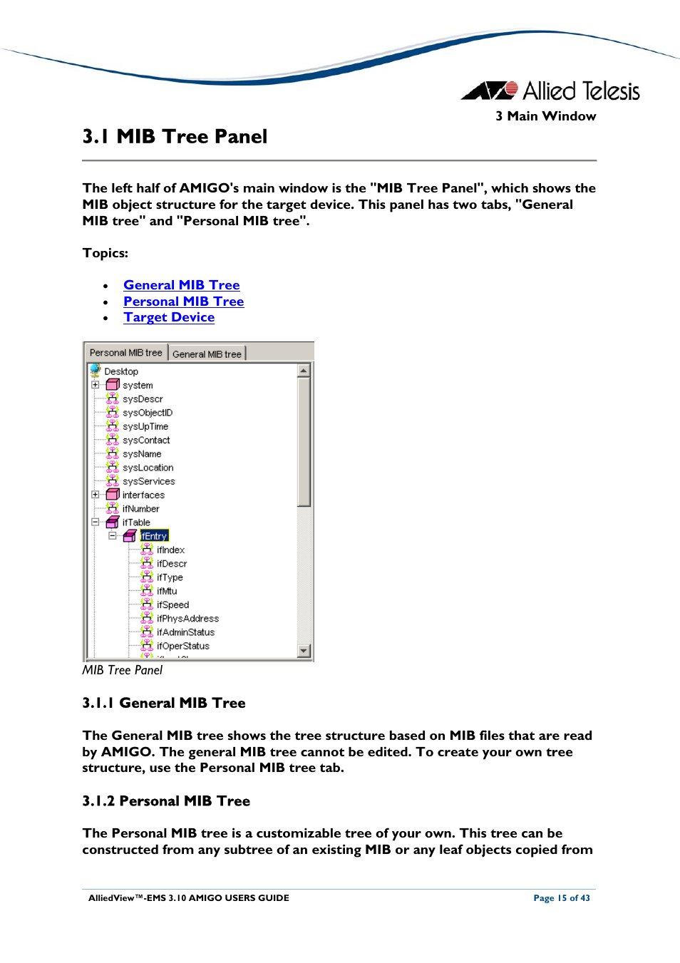1 mib tree panel, 1 general mib tree, 2 personal mib tree | Anel, 1 general mib tree 3.1.2 personal mib tree, Mib tree panel | Allied Telesis AlliedView-EMS 3.10 AMIGO User Manual | Page 15 / 43