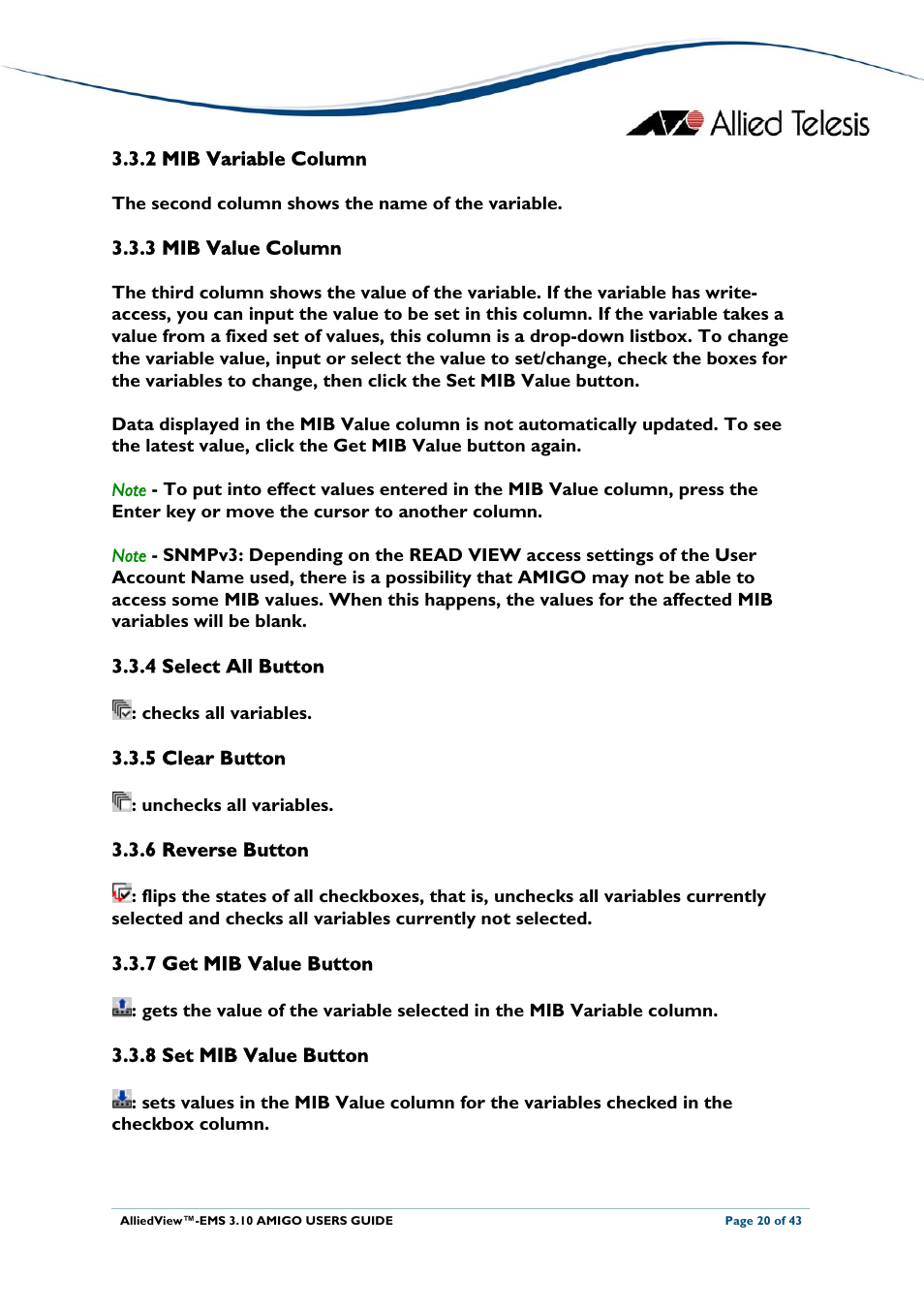 2 mib variable column, 3 mib value column, 4 select all button | 5 clear button, 6 reverse button, 7 get mib value button, 8 set mib value button, 2 mib variable column 3.3.3 mib value column, 4 select all button 3.3.5 clear button, 6 reverse button 3.3.7 get mib value button | Allied Telesis AlliedView-EMS 3.10 AMIGO User Manual | Page 20 / 43
