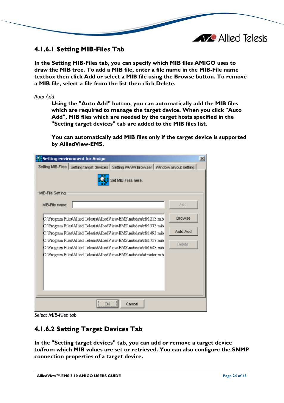 1 setting mib-files tab, 2 setting target devices tab | Allied Telesis AlliedView-EMS 3.10 AMIGO User Manual | Page 24 / 43