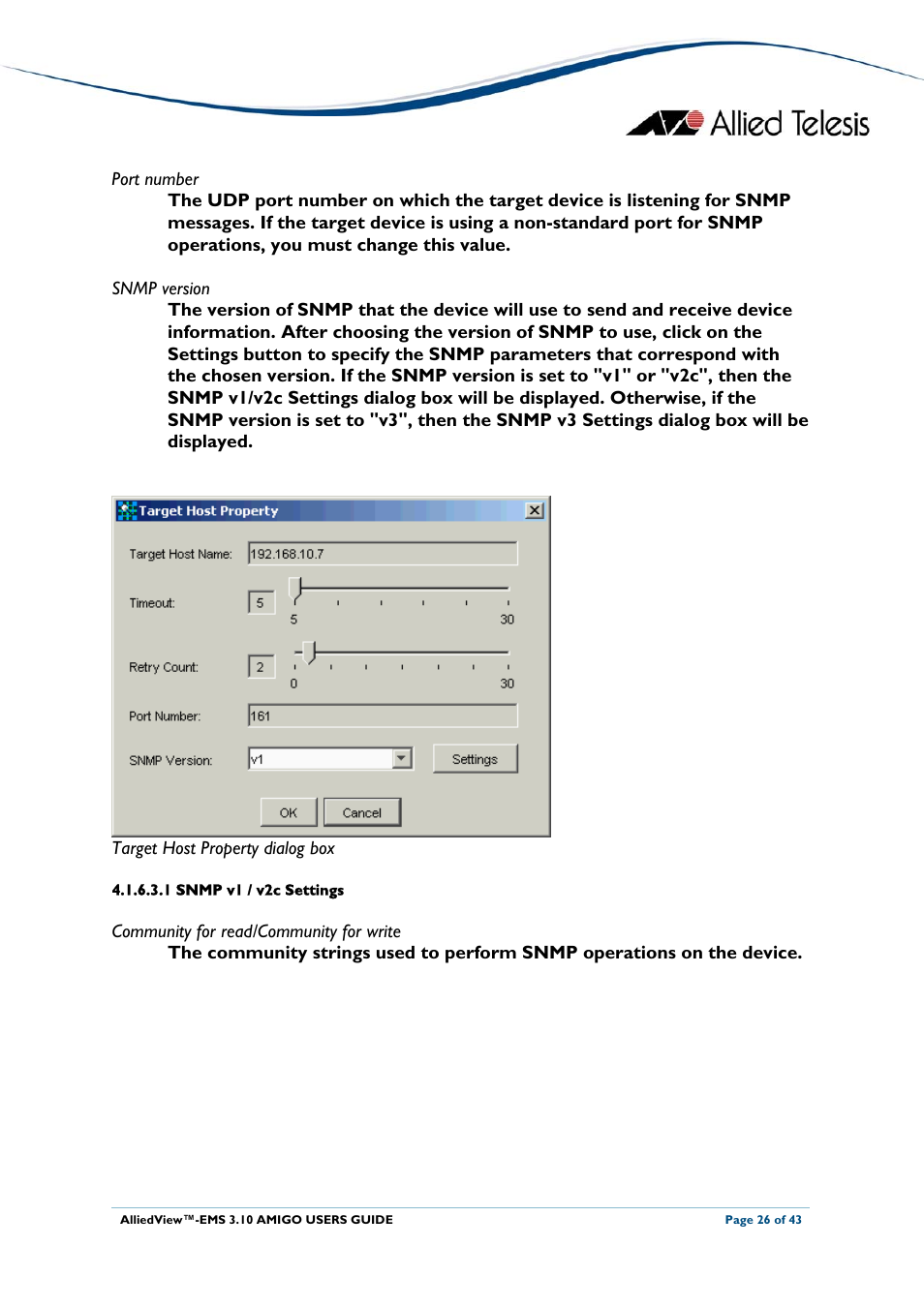 1 snmp v1 / v2c settings | Allied Telesis AlliedView-EMS 3.10 AMIGO User Manual | Page 26 / 43