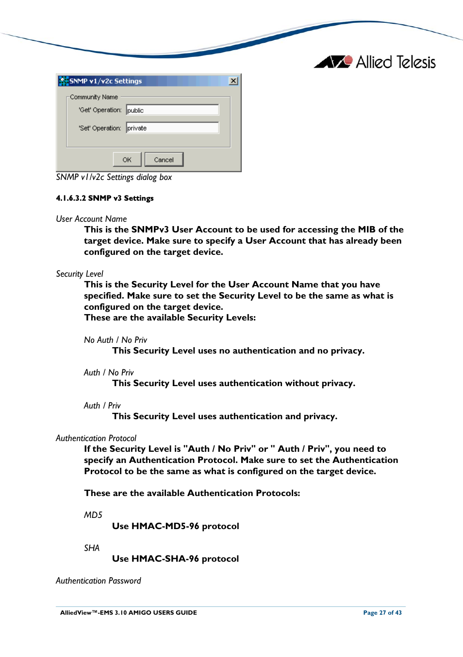 2 snmp v3 settings | Allied Telesis AlliedView-EMS 3.10 AMIGO User Manual | Page 27 / 43