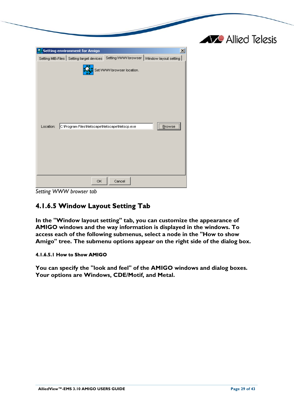 5 window layout setting tab, 1 how to show amigo | Allied Telesis AlliedView-EMS 3.10 AMIGO User Manual | Page 29 / 43