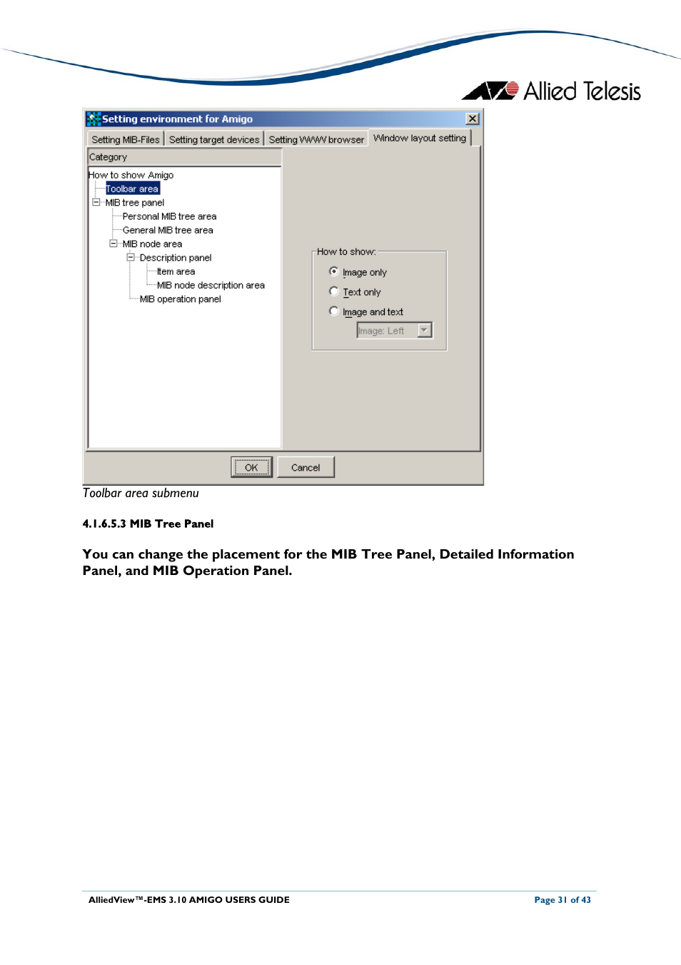 3 mib tree panel, Toolbar area submenu | Allied Telesis AlliedView-EMS 3.10 AMIGO User Manual | Page 31 / 43